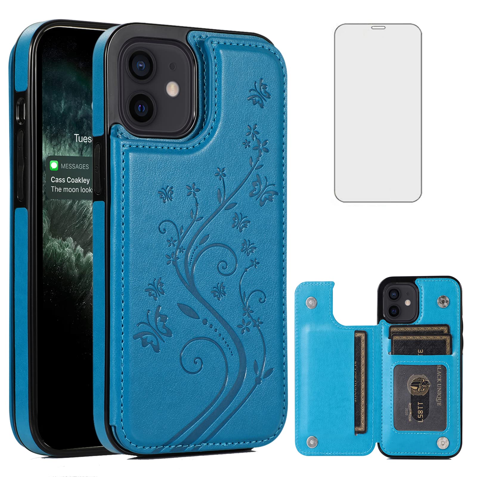 Asuwish Compatible with iPhone 12 Pro iPhone12 Case 6.1 Tempered Glass Screen Protector Card Holder Wallet Cover Flip Leather Cell Phone Cases for iPhone12pro 5G i 12s iPhone12 12pro Women Men Blue