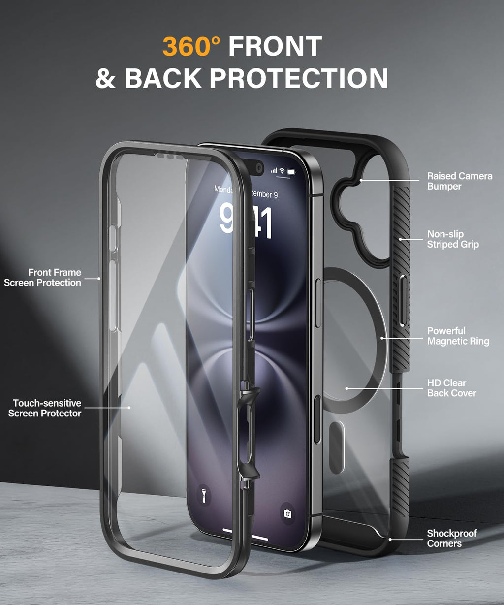 Magnetic for iPhone 15 Case with Built-in Sensitive Screen Protector, Full-Body Dual Front & Back Protective Phone Case [Compatible with MagSafe] Drop Proof 15 Cover 6.1 Inch, Black