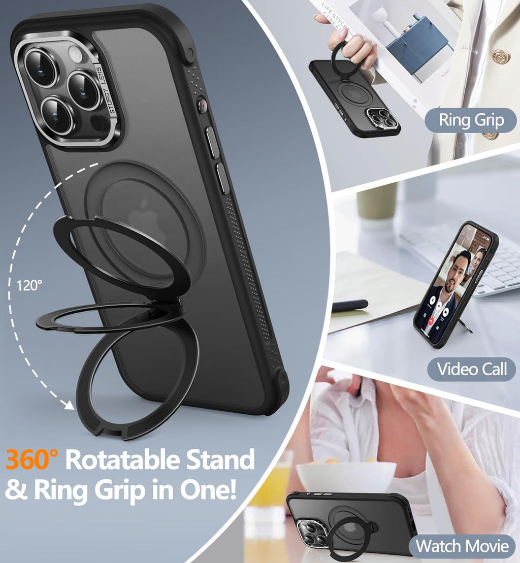 Reukdnv [Invisible 360° Spin Stand Magnetic Ring for iPhone 16 Pro Case [Compatible with MagSafe][Translucent Matte Back] Military Drop Protection Shockproof Cover with Kickstand 6.3", Deep Blue