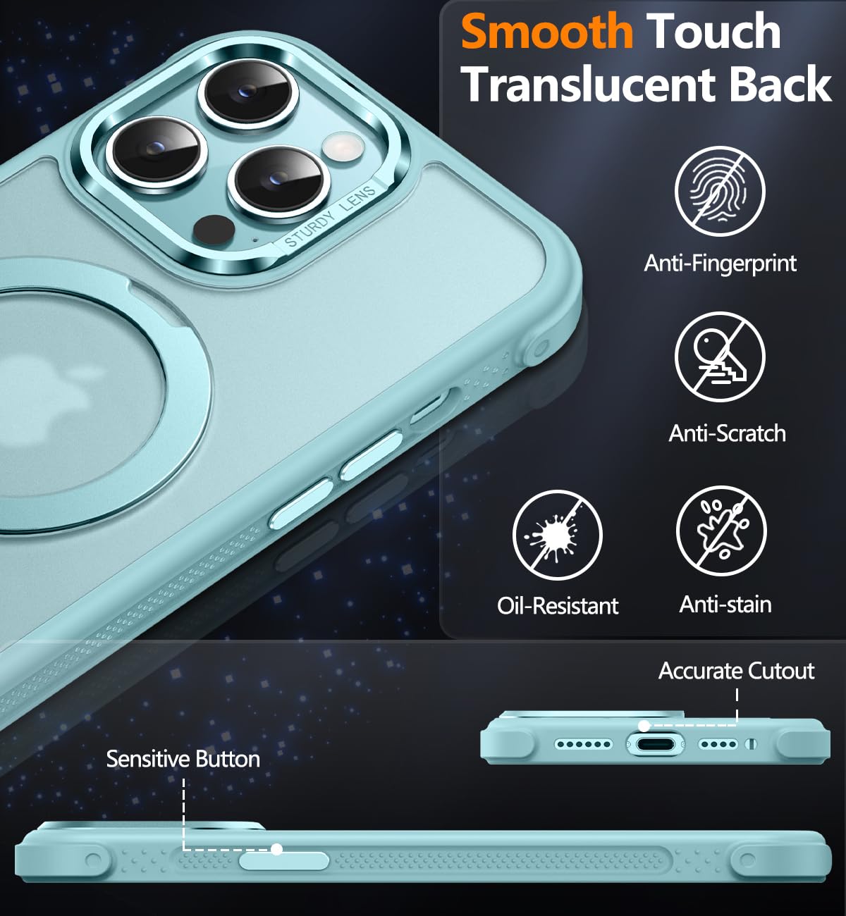 Reukdnv [Invisible 360° Spin Stand Magnetic Ring for iPhone 16 Pro Case [Compatible with MagSafe][Translucent Matte Back] Military Drop Protection Shockproof Cover with Kickstand 6.3", Deep Blue