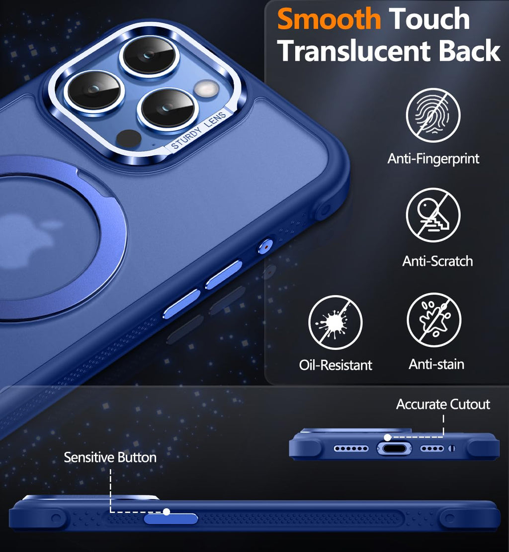 Reukdnv [Invisible 360° Spin Stand Magnetic Ring for iPhone 16 Pro Case [Compatible with MagSafe][Translucent Matte Back] Military Drop Protection Shockproof Cover with Kickstand 6.3", Deep Blue