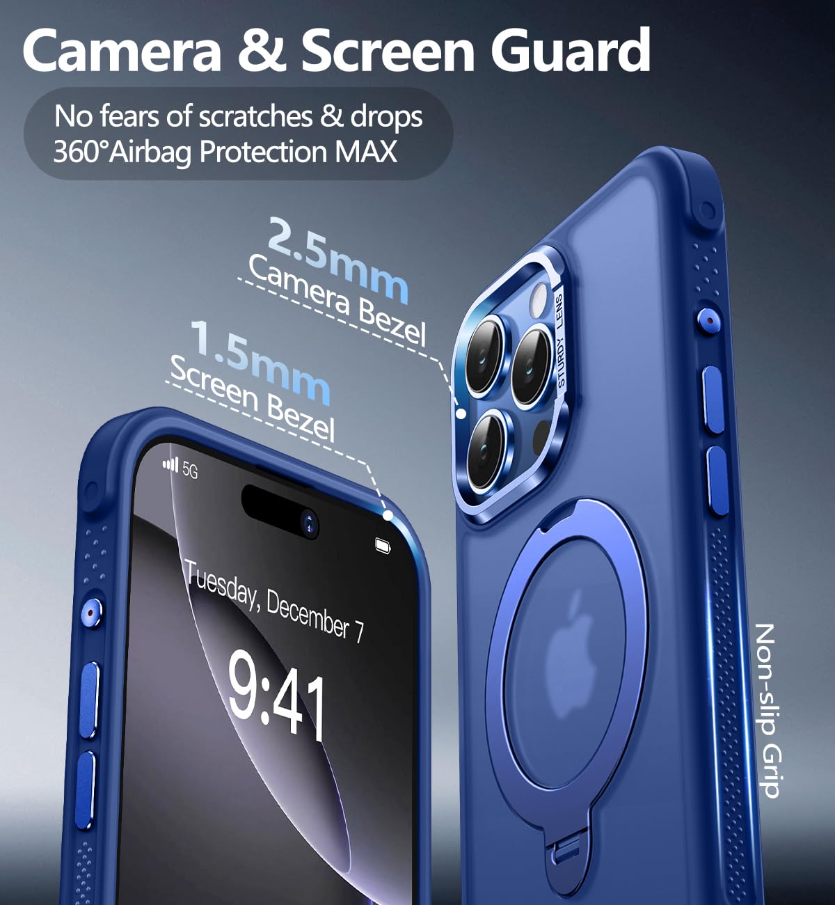 Reukdnv [Invisible 360° Spin Stand Magnetic Ring for iPhone 16 Pro Case [Compatible with MagSafe][Translucent Matte Back] Military Drop Protection Shockproof Cover with Kickstand 6.3", Deep Blue