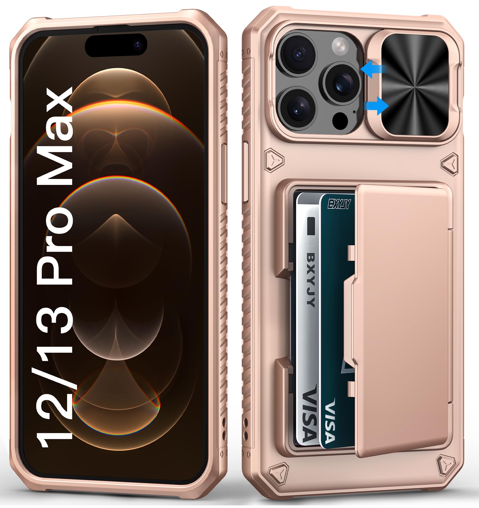 BXYJY for iPhone 15, iPhone 14, iPhone 13 Wallet Case with Card Holder(4-5 Cards), Slide Camera Cover, Military Drop & RFID Protection, Heavy Duty Women Men Phone Case for iPhone 15/14/13, Black