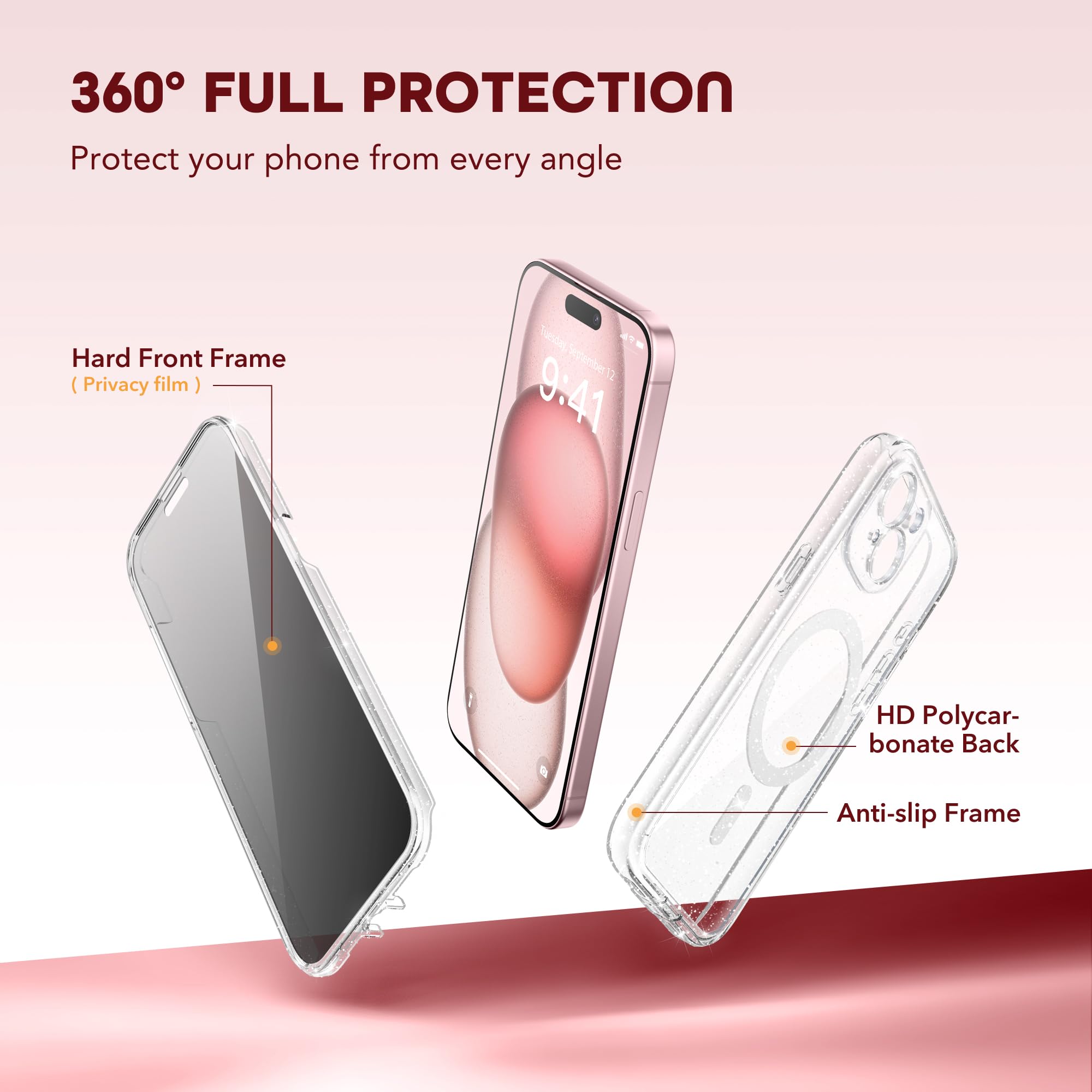 TIESZEN for iPhone 15 Case, Compatible with MagSafe, Built-in Privacy Screen Protector and Camera Protection, Anti Spy Full Body Dustproof Shockproof Hard Phone Case 6.1", Black