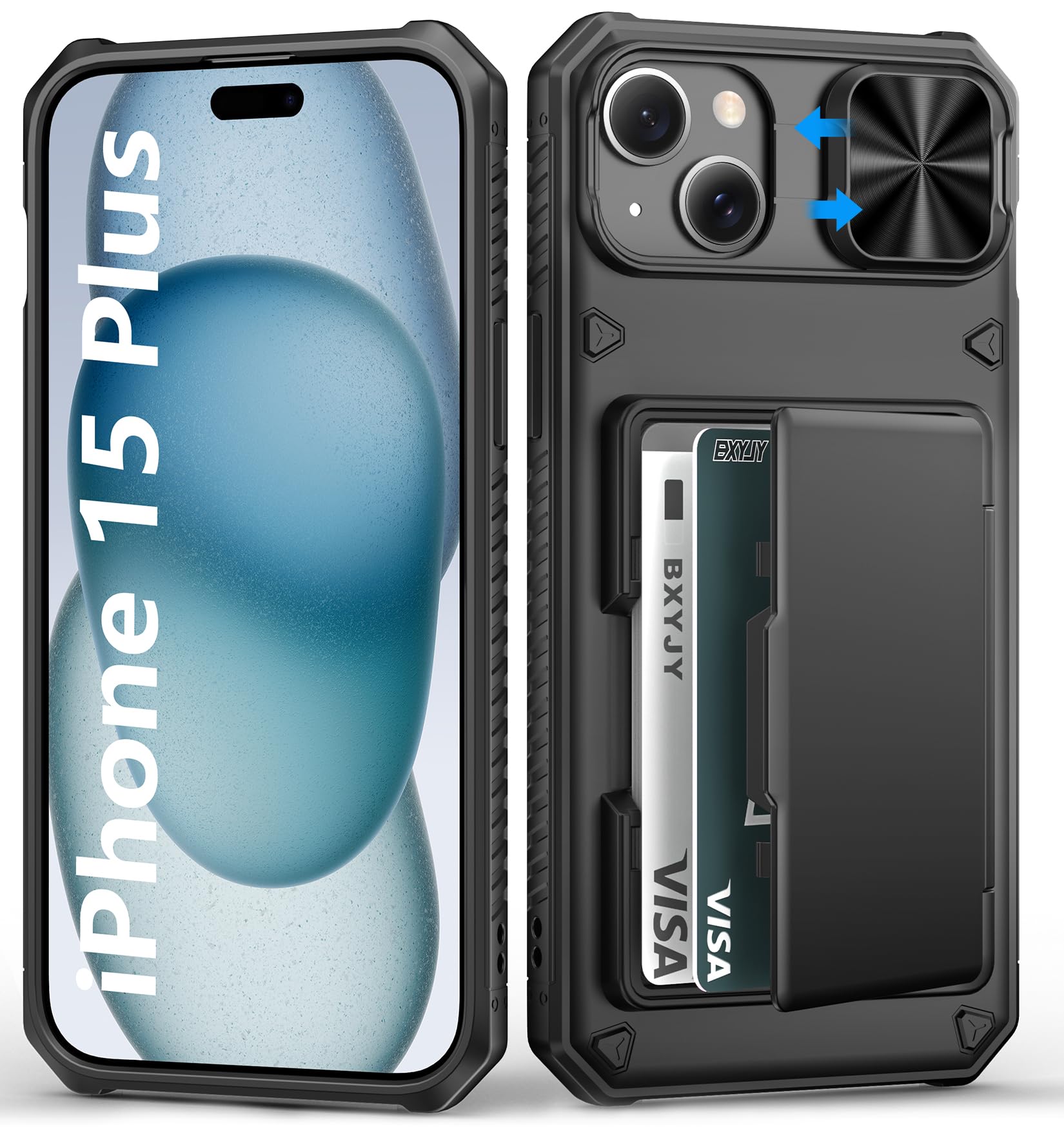 BXYJY for iPhone 15, iPhone 14, iPhone 13 Wallet Case with Card Holder(4-5 Cards), Slide Camera Cover, Military Drop & RFID Protection, Heavy Duty Women Men Phone Case for iPhone 15/14/13, Black