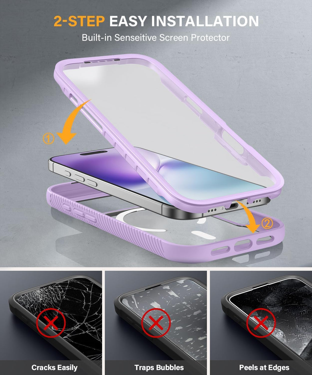 Magnetic for iPhone 15 Case with Built-in Sensitive Screen Protector, Full-Body Dual Front & Back Protective Phone Case [Compatible with MagSafe] Drop Proof 15 Cover 6.1 Inch, Black