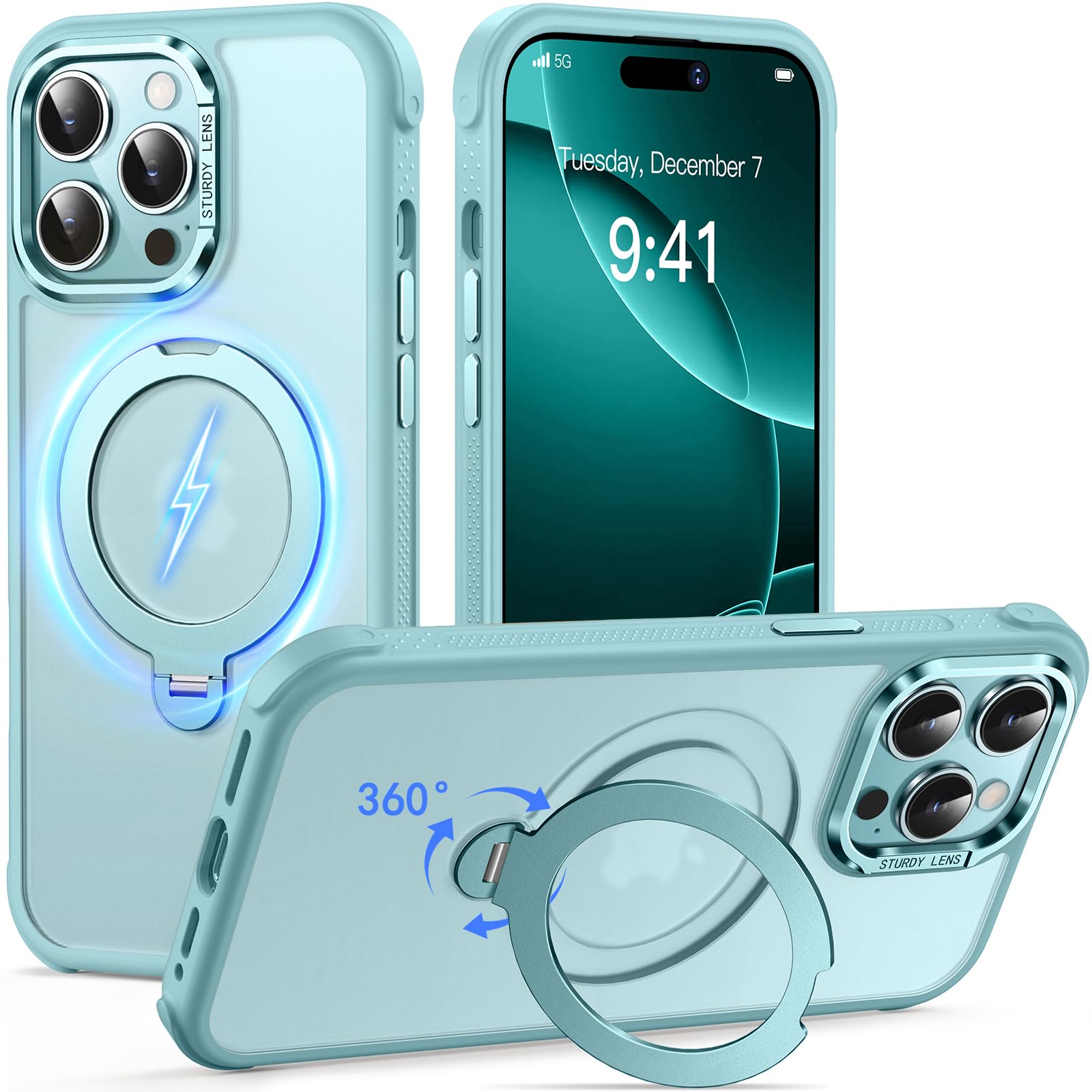 Reukdnv [Invisible 360° Spin Stand Magnetic Ring for iPhone 16 Pro Case [Compatible with MagSafe][Translucent Matte Back] Military Drop Protection Shockproof Cover with Kickstand 6.3", Deep Blue