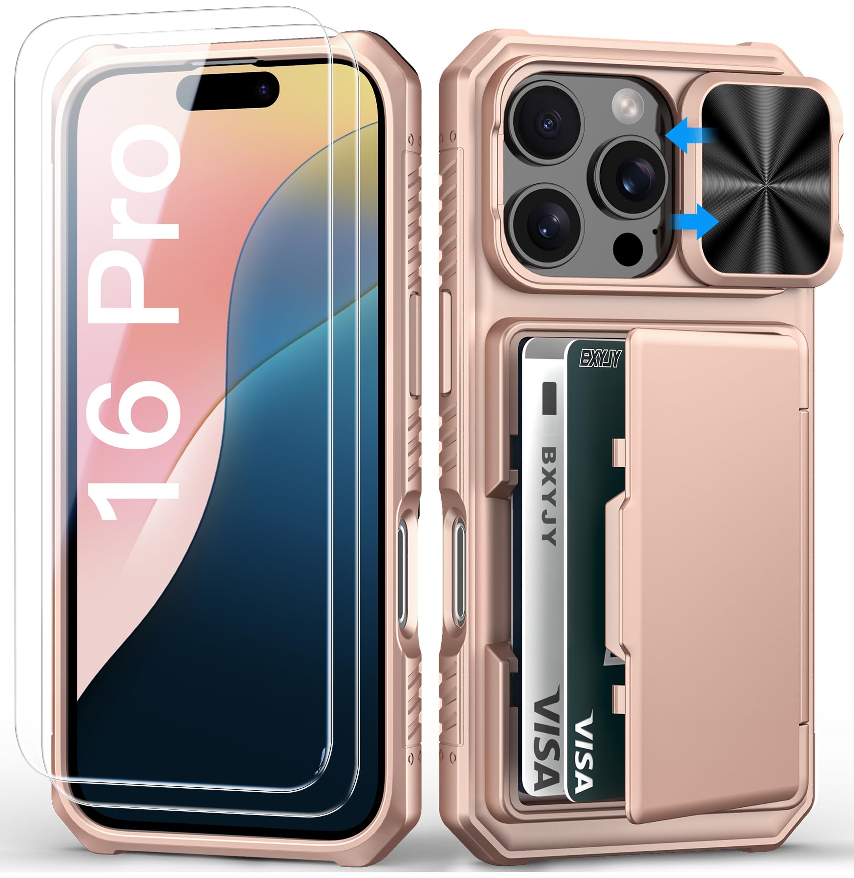 BXYJY for iPhone 15, iPhone 14, iPhone 13 Wallet Case with Card Holder(4-5 Cards), Slide Camera Cover, Military Drop & RFID Protection, Heavy Duty Women Men Phone Case for iPhone 15/14/13, Black