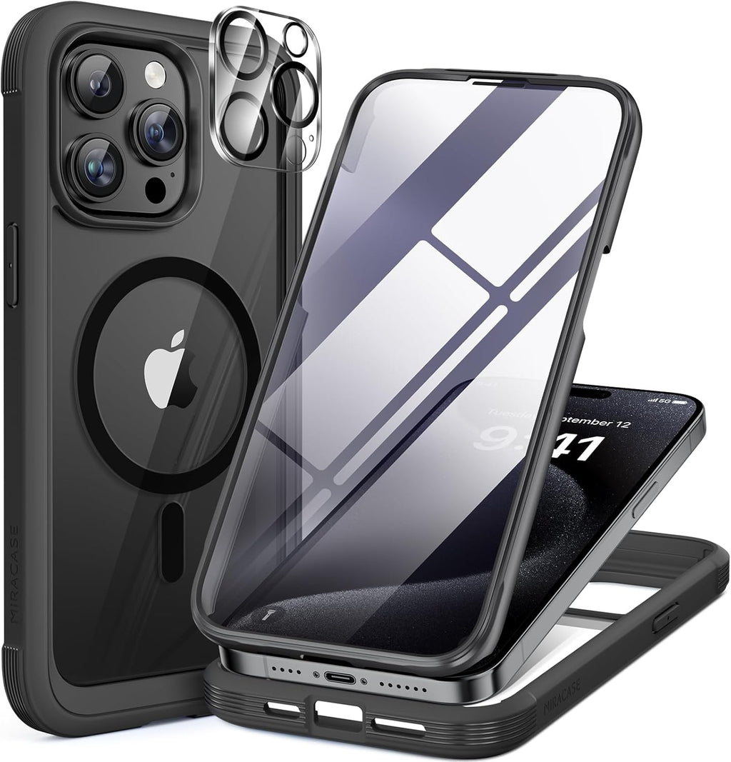 Miracase for iPhone 16 Case 6.1'', Full-Body Bumper Phone case with Built-in Full Glass Screen &Camera Control,No Gap,Compatible with MagSafe,Drop Proof 16 Cover,Black
