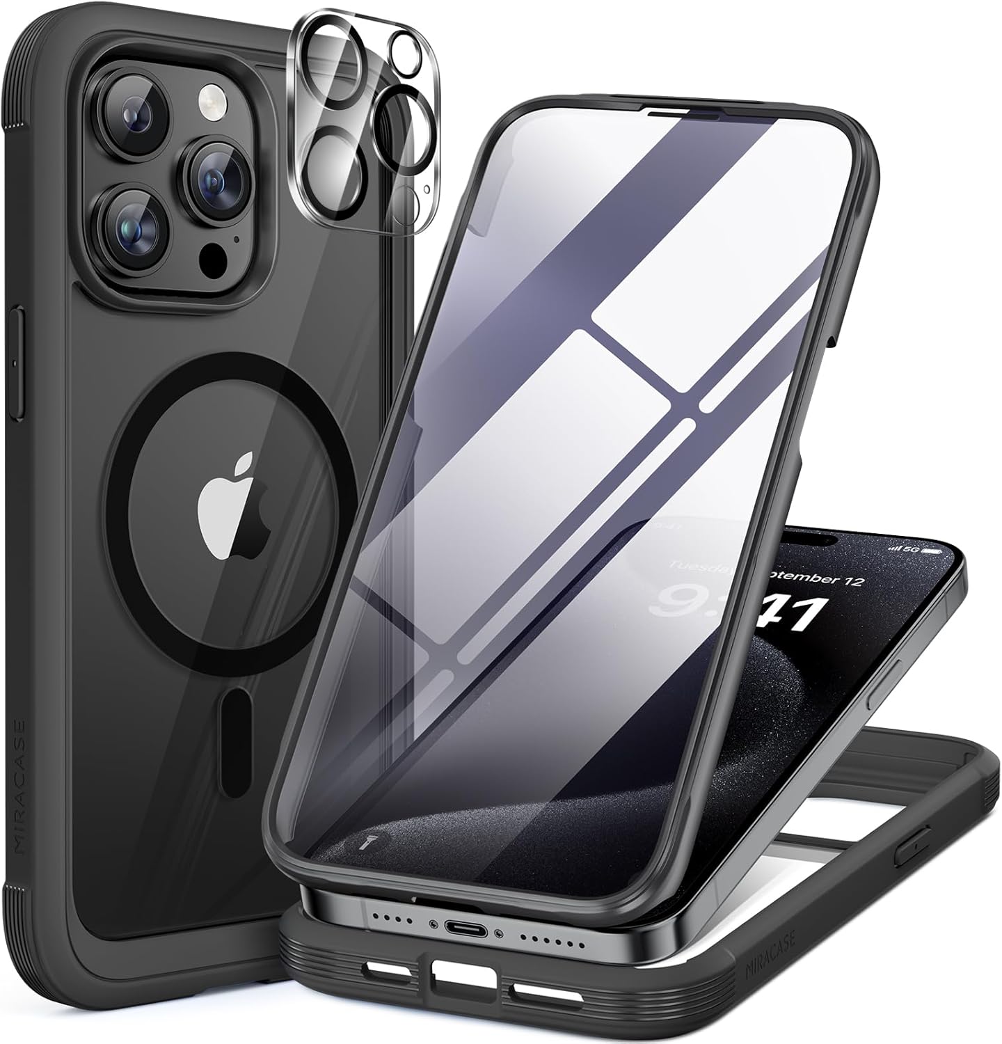 Miracase for iPhone 16 Case 6.1'', Full-Body Bumper Phone case with Built-in Full Glass Screen &Camera Control,No Gap,Compatible with MagSafe,Drop Proof 16 Cover,Black