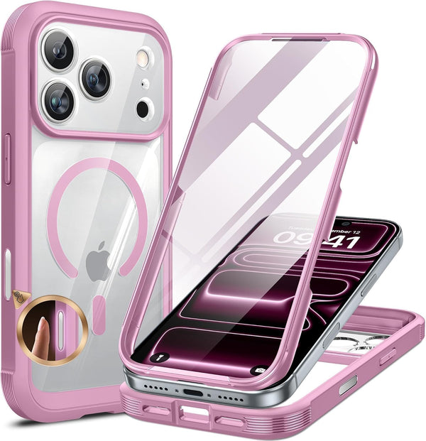 Infinity Shield Miracase for iPhone 16, black full-body bumper case with built-in glass screen, camera control, and MagSafe compatibility.