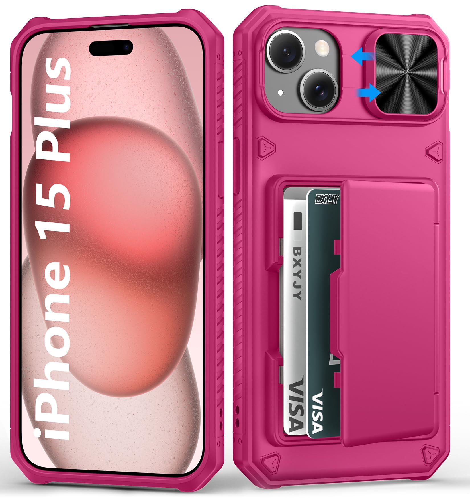 BXYJY for iPhone 15, iPhone 14, iPhone 13 Wallet Case with Card Holder(4-5 Cards), Slide Camera Cover, Military Drop & RFID Protection, Heavy Duty Women Men Phone Case for iPhone 15/14/13, Black