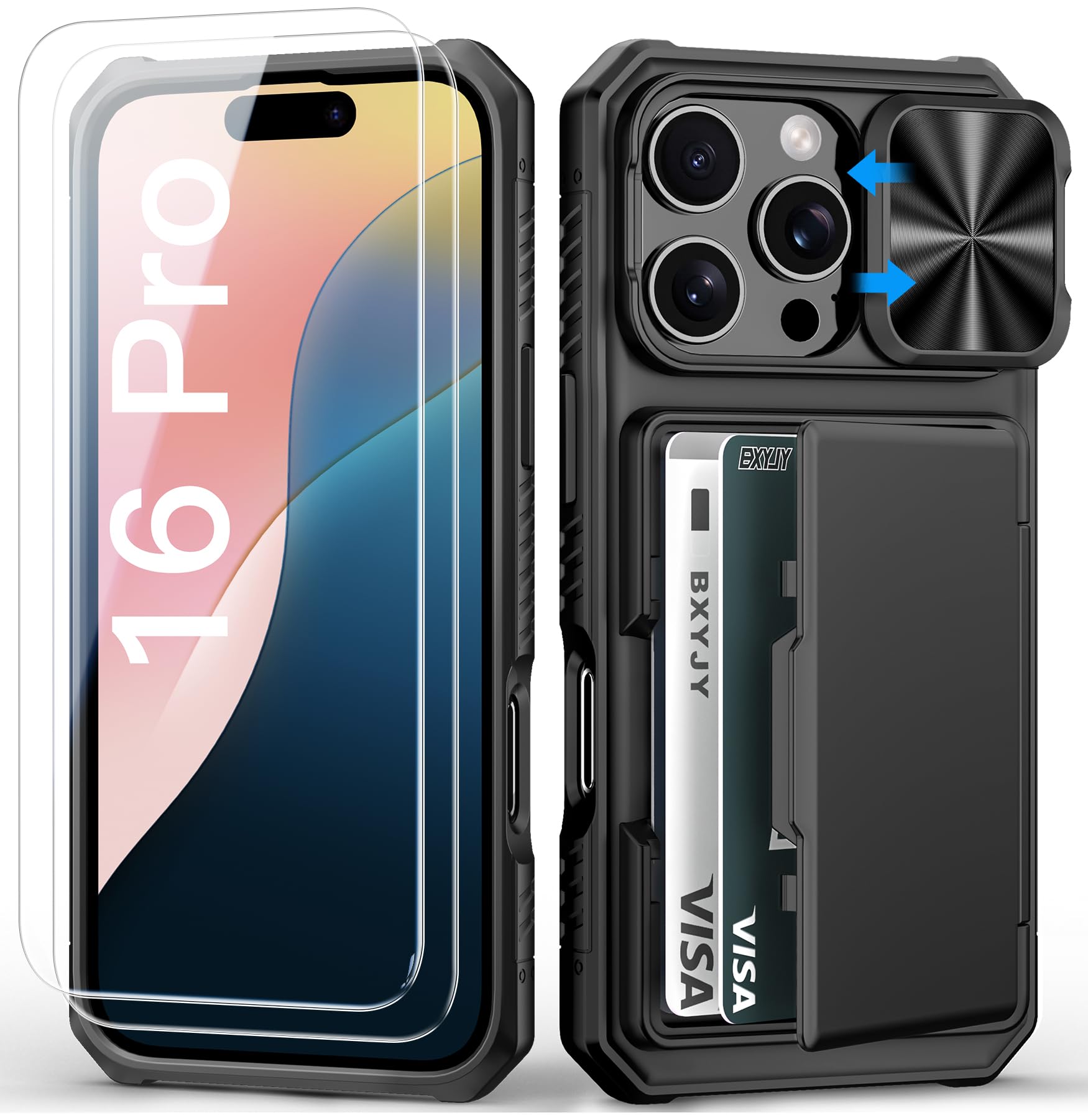 BXYJY for iPhone 15, iPhone 14, iPhone 13 Wallet Case with Card Holder(4-5 Cards), Slide Camera Cover, Military Drop & RFID Protection, Heavy Duty Women Men Phone Case for iPhone 15/14/13, Black