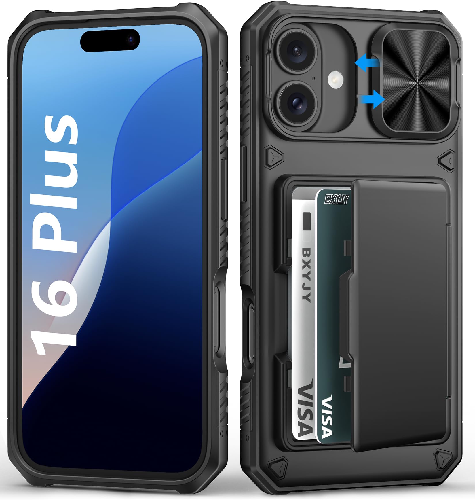 BXYJY for iPhone 15, iPhone 14, iPhone 13 Wallet Case with Card Holder(4-5 Cards), Slide Camera Cover, Military Drop & RFID Protection, Heavy Duty Women Men Phone Case for iPhone 15/14/13, Black