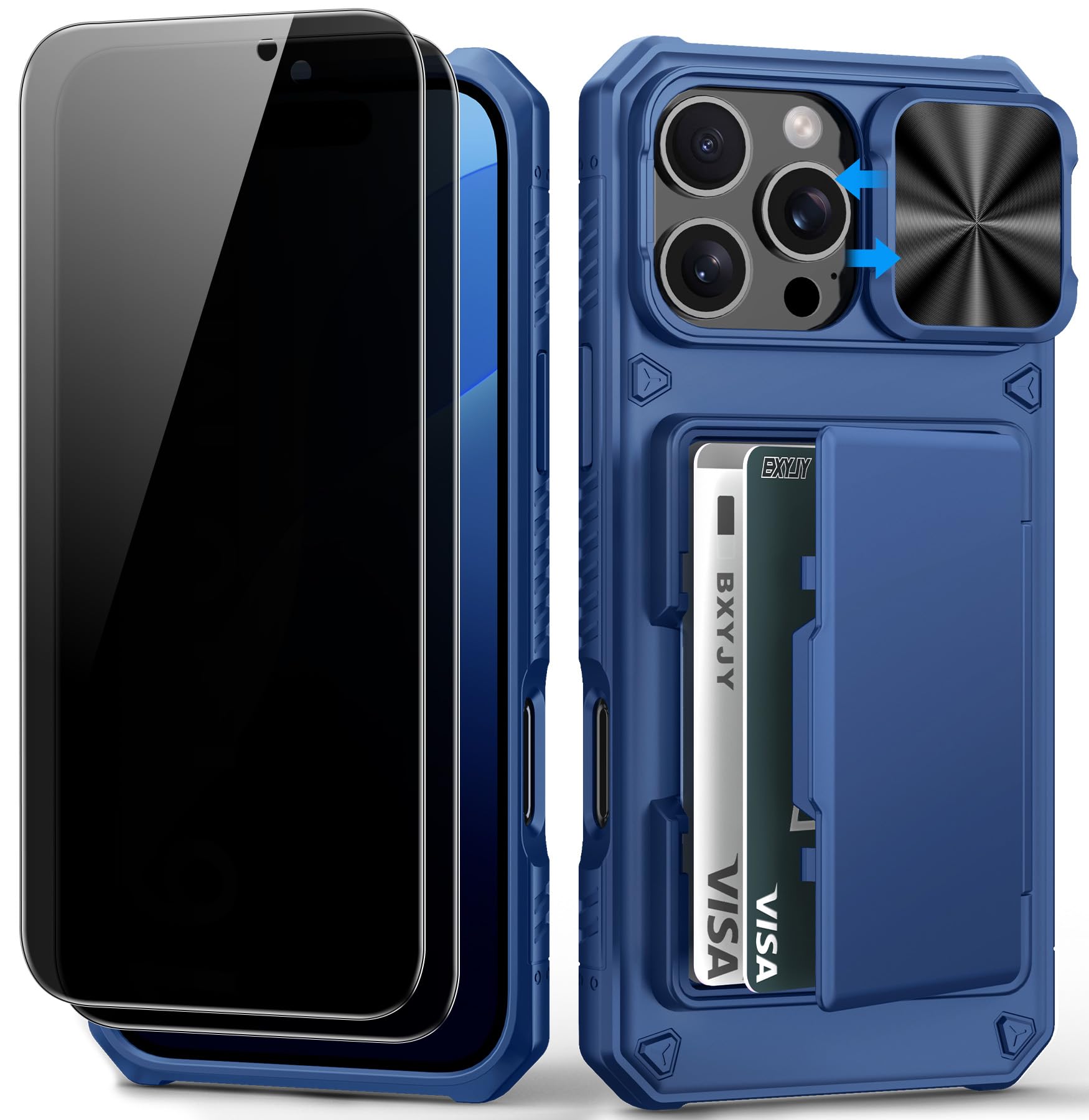 BXYJY for iPhone 15, iPhone 14, iPhone 13 Wallet Case with Card Holder(4-5 Cards), Slide Camera Cover, Military Drop & RFID Protection, Heavy Duty Women Men Phone Case for iPhone 15/14/13, Black