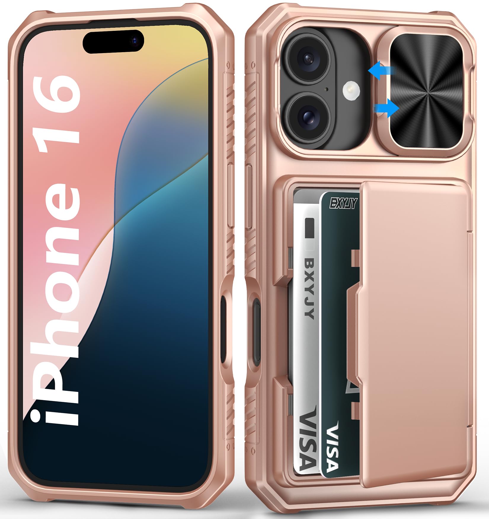 BXYJY for iPhone 15, iPhone 14, iPhone 13 Wallet Case with Card Holder(4-5 Cards), Slide Camera Cover, Military Drop & RFID Protection, Heavy Duty Women Men Phone Case for iPhone 15/14/13, Black