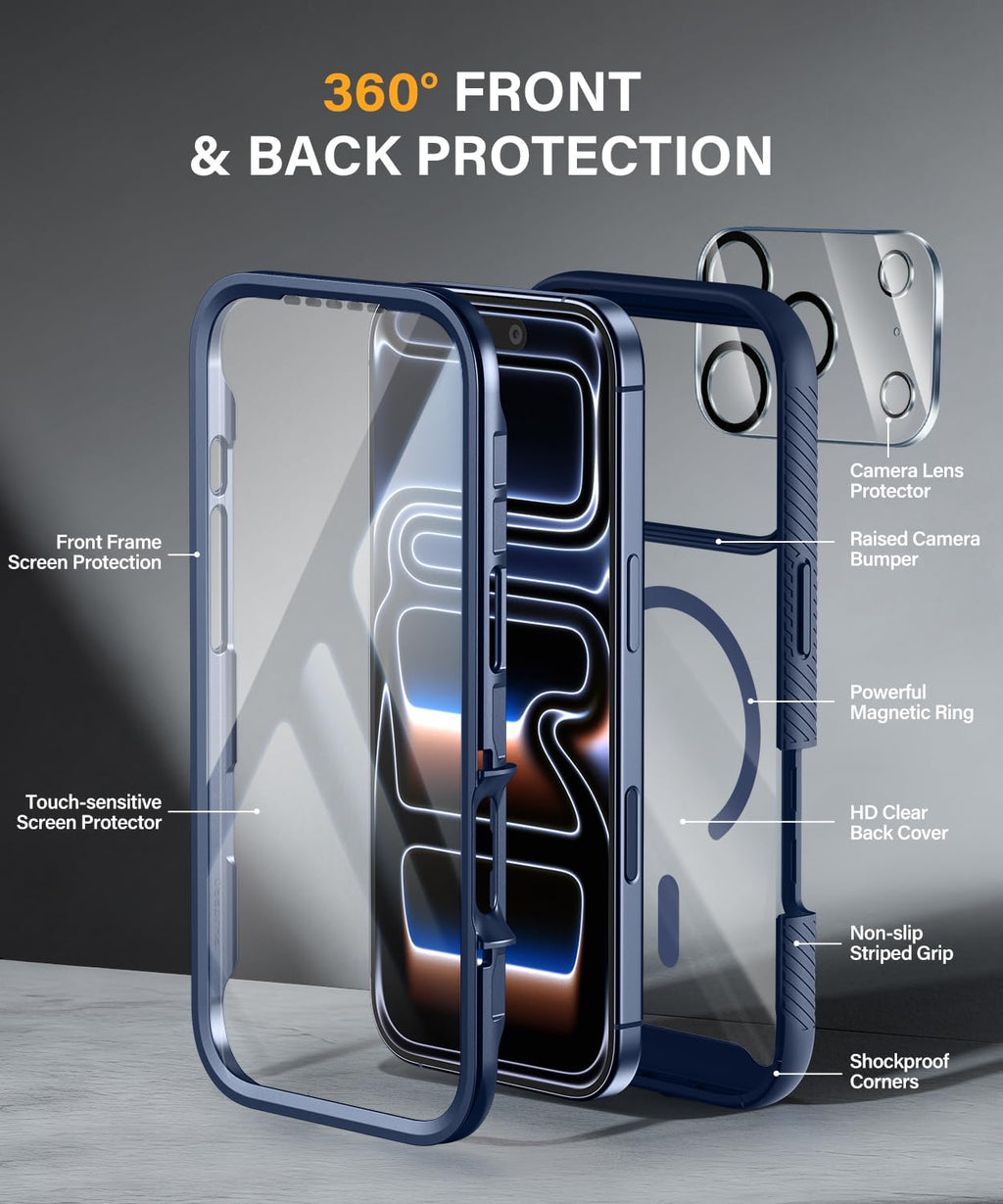 Magnetic for iPhone 15 Case with Built-in Sensitive Screen Protector, Full-Body Dual Front & Back Protective Phone Case [Compatible with MagSafe] Drop Proof 15 Cover 6.1 Inch, Black