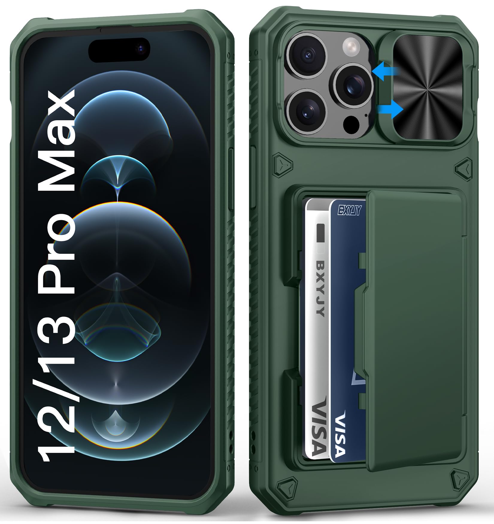 BXYJY for iPhone 15, iPhone 14, iPhone 13 Wallet Case with Card Holder(4-5 Cards), Slide Camera Cover, Military Drop & RFID Protection, Heavy Duty Women Men Phone Case for iPhone 15/14/13, Black