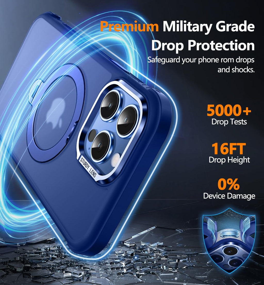Reukdnv [Invisible 360° Spin Stand Magnetic Ring for iPhone 16 Pro Case [Compatible with MagSafe][Translucent Matte Back] Military Drop Protection Shockproof Cover with Kickstand 6.3", Deep Blue
