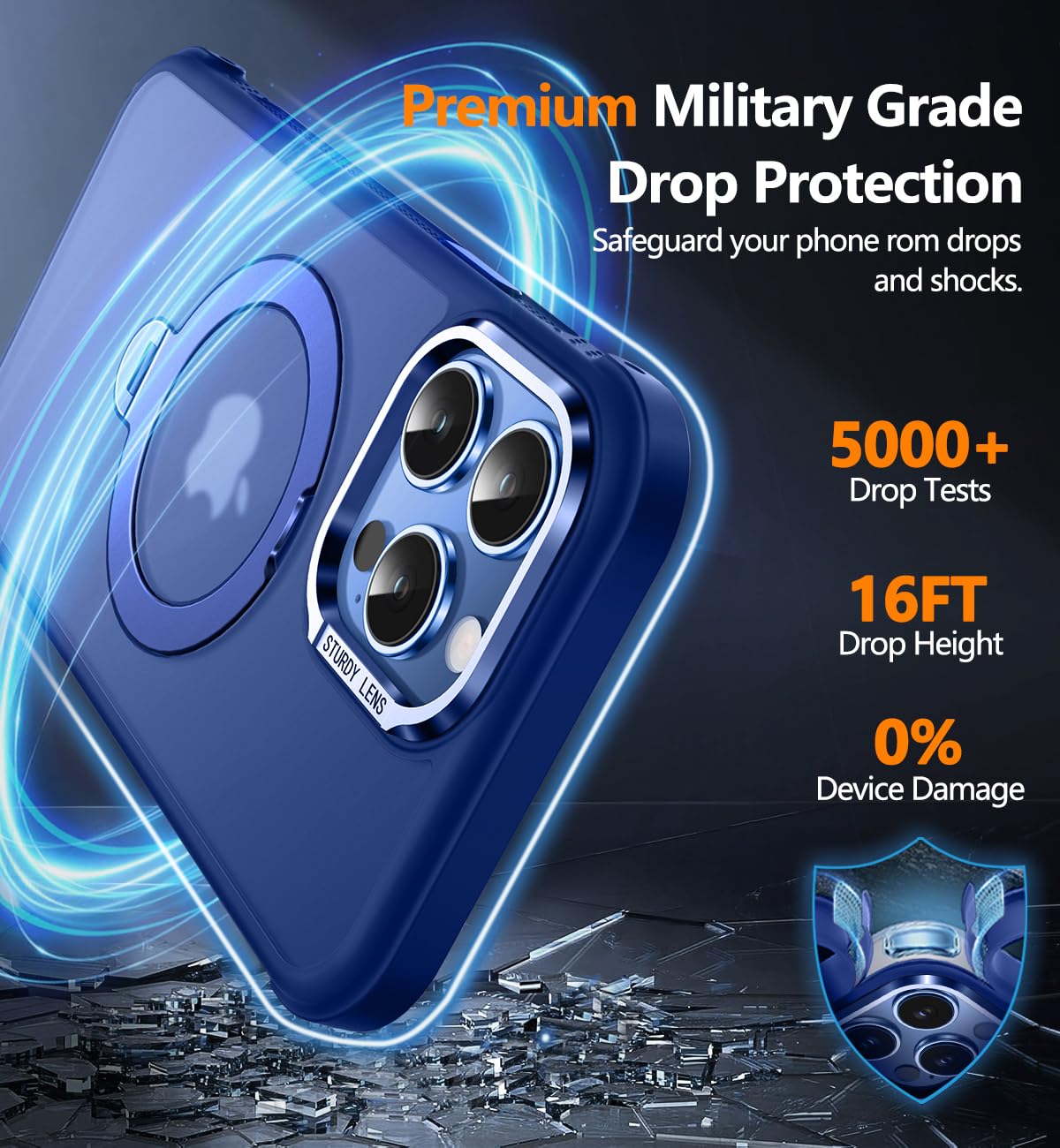 Reukdnv [Invisible 360° Spin Stand Magnetic Ring for iPhone 16 Pro Case [Compatible with MagSafe][Translucent Matte Back] Military Drop Protection Shockproof Cover with Kickstand 6.3", Deep Blue