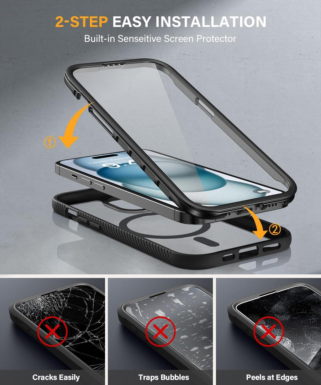Magnetic for iPhone 15 Case with Built-in Sensitive Screen Protector, Full-Body Dual Front & Back Protective Phone Case [Compatible with MagSafe] Drop Proof 15 Cover 6.1 Inch, Black