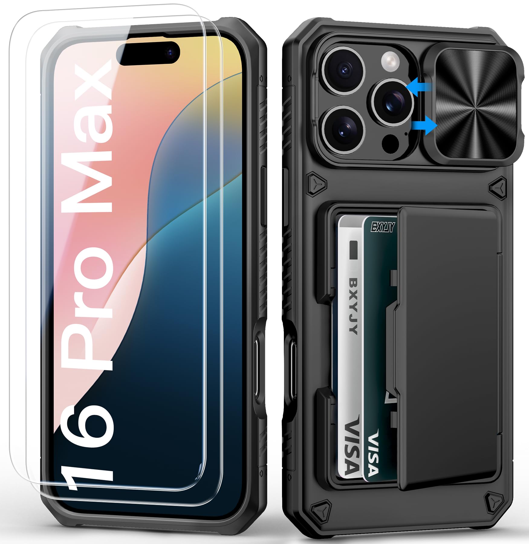 BXYJY for iPhone 15, iPhone 14, iPhone 13 Wallet Case with Card Holder(4-5 Cards), Slide Camera Cover, Military Drop & RFID Protection, Heavy Duty Women Men Phone Case for iPhone 15/14/13, Black