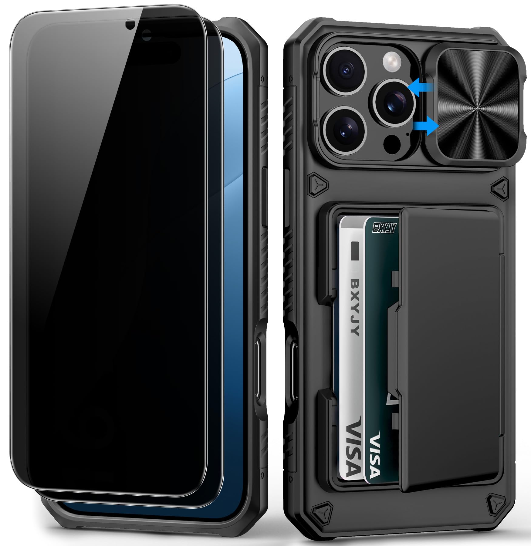 BXYJY for iPhone 15, iPhone 14, iPhone 13 Wallet Case with Card Holder(4-5 Cards), Slide Camera Cover, Military Drop & RFID Protection, Heavy Duty Women Men Phone Case for iPhone 15/14/13, Black