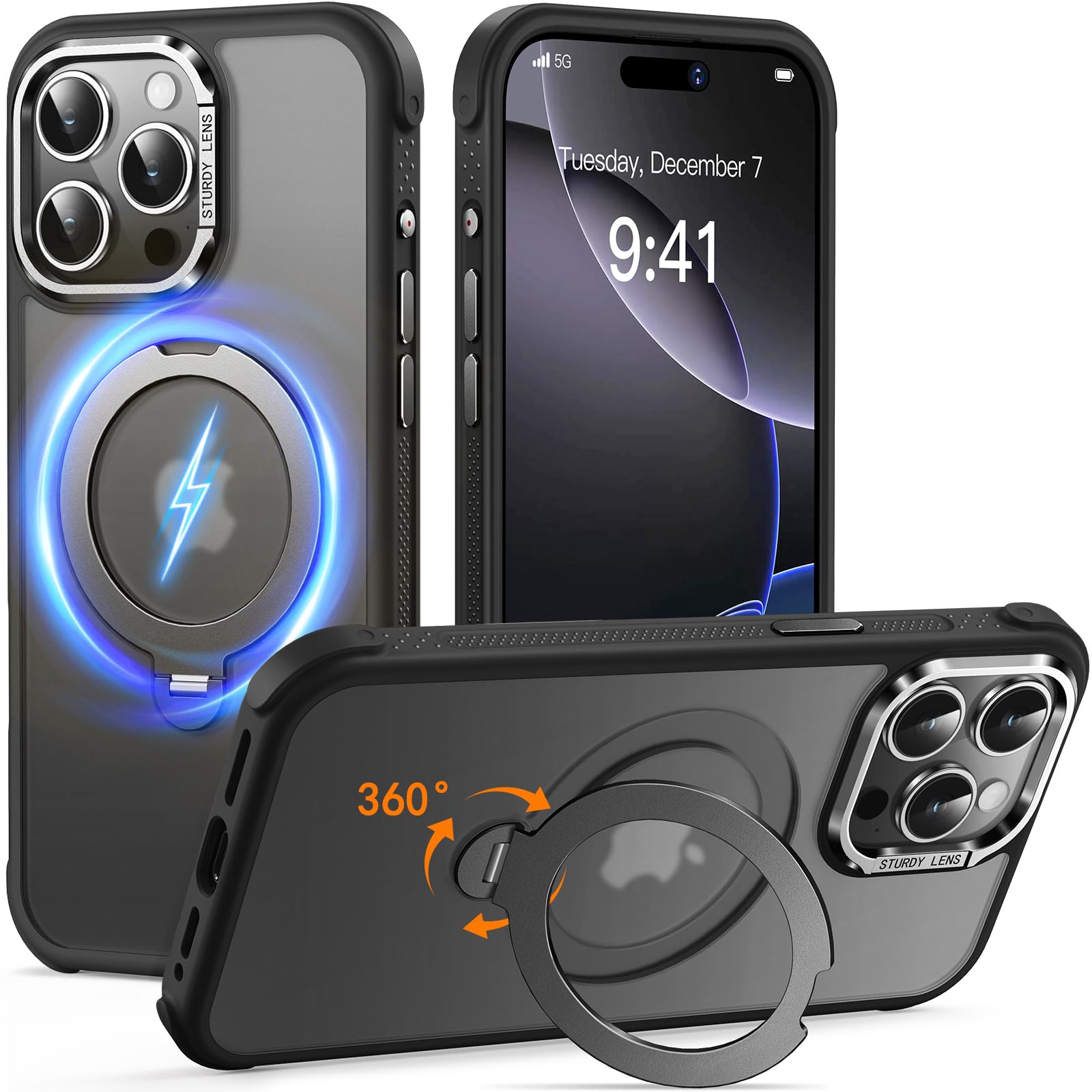 Reukdnv [Invisible 360° Spin Stand Magnetic Ring for iPhone 16 Pro Case [Compatible with MagSafe][Translucent Matte Back] Military Drop Protection Shockproof Cover with Kickstand 6.3", Deep Blue