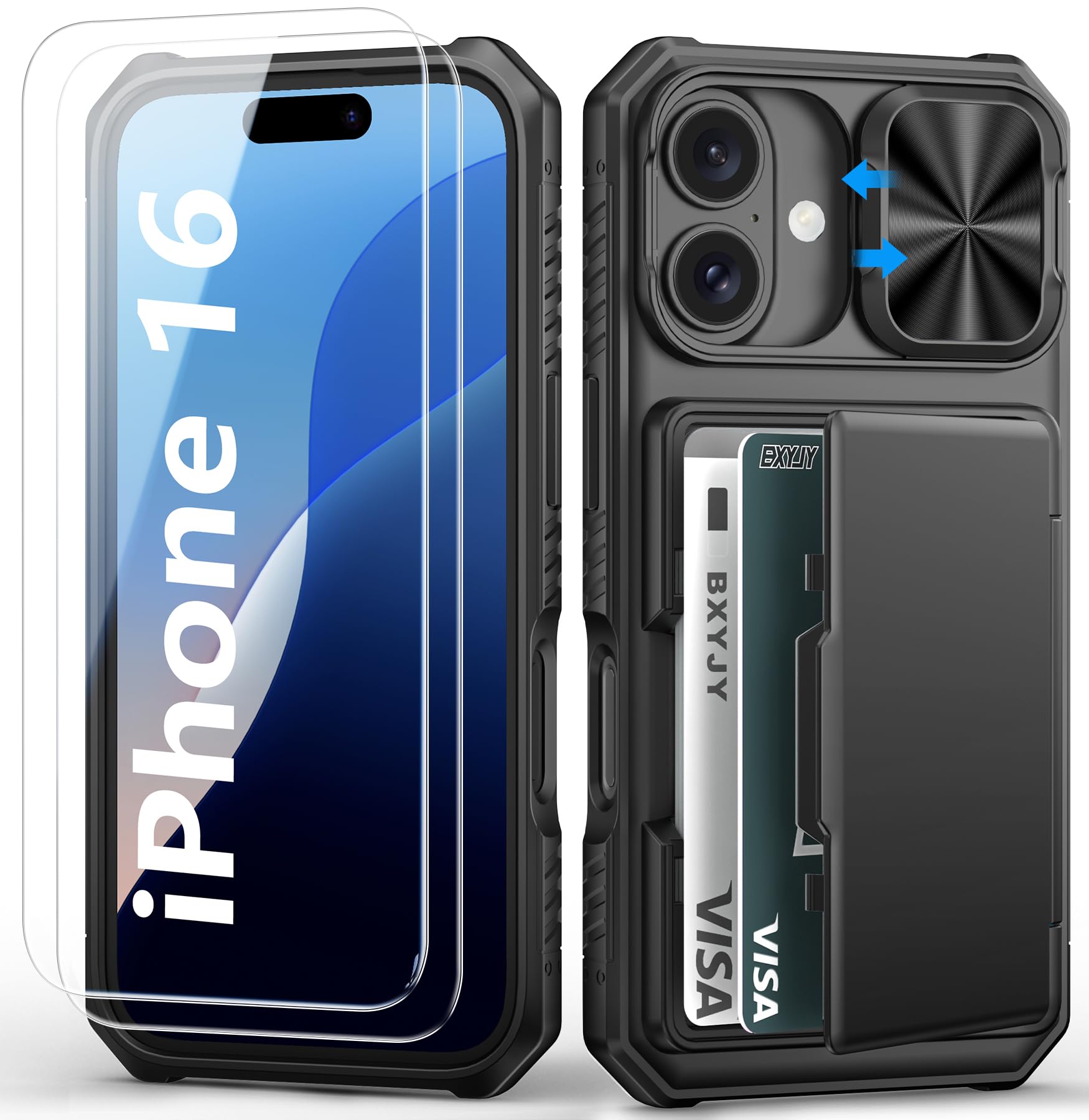 BXYJY for iPhone 15, iPhone 14, iPhone 13 Wallet Case with Card Holder(4-5 Cards), Slide Camera Cover, Military Drop & RFID Protection, Heavy Duty Women Men Phone Case for iPhone 15/14/13, Black