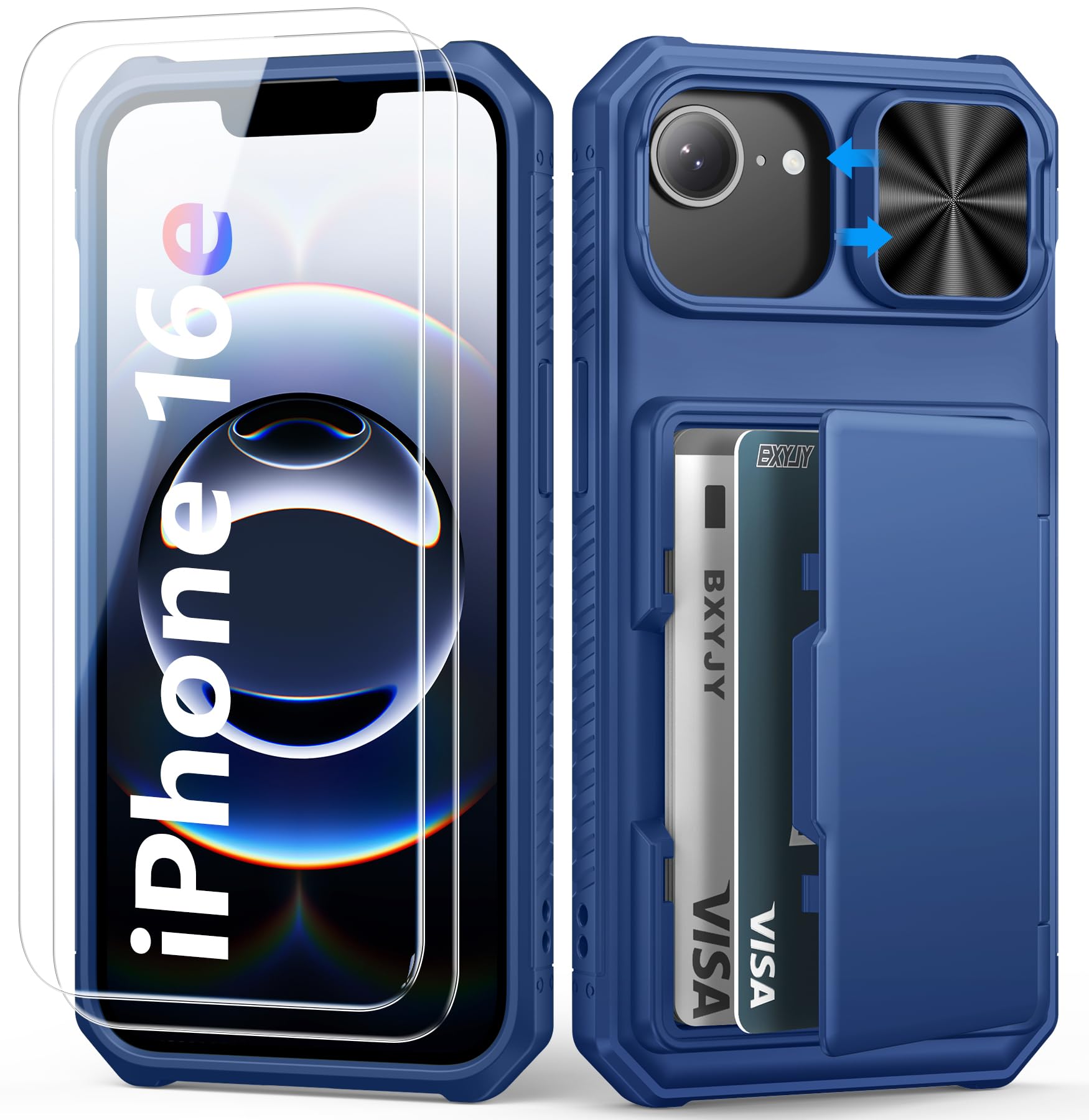 BXYJY for iPhone 15, iPhone 14, iPhone 13 Wallet Case with Card Holder(4-5 Cards), Slide Camera Cover, Military Drop & RFID Protection, Heavy Duty Women Men Phone Case for iPhone 15/14/13, Black