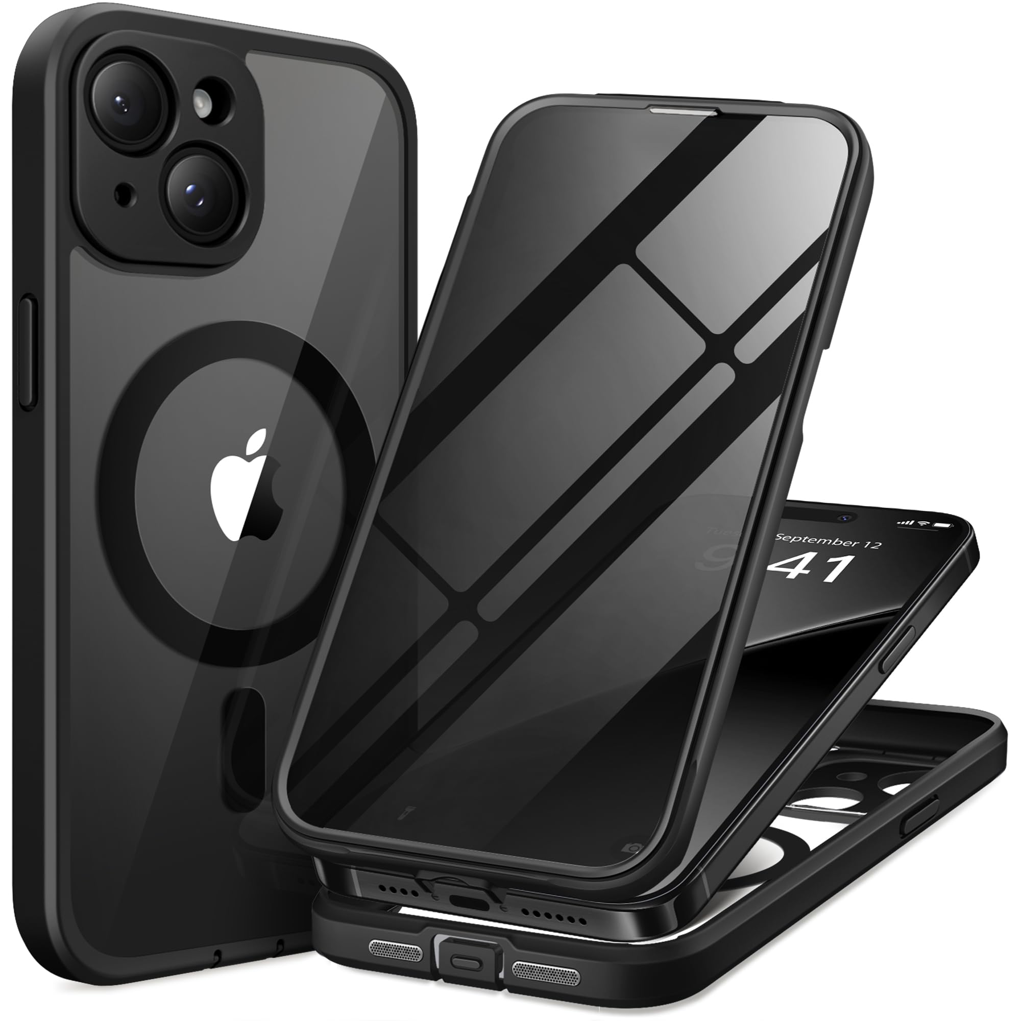 TIESZEN for iPhone 15 Case, Compatible with MagSafe, Built-in Privacy Screen Protector and Camera Protection, Anti Spy Full Body Dustproof Shockproof Hard Phone Case 6.1", Black