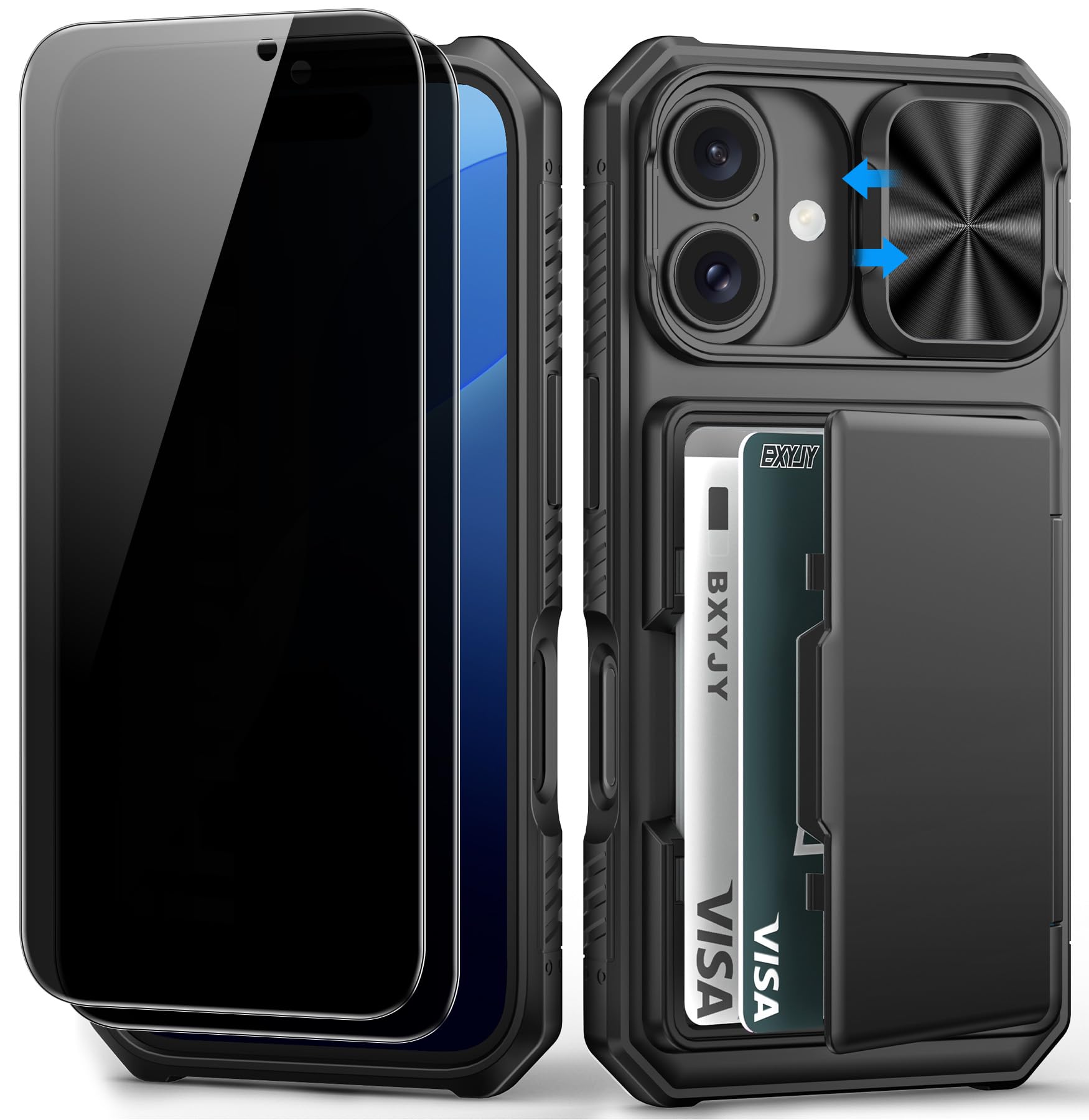 BXYJY for iPhone 15, iPhone 14, iPhone 13 Wallet Case with Card Holder(4-5 Cards), Slide Camera Cover, Military Drop & RFID Protection, Heavy Duty Women Men Phone Case for iPhone 15/14/13, Black