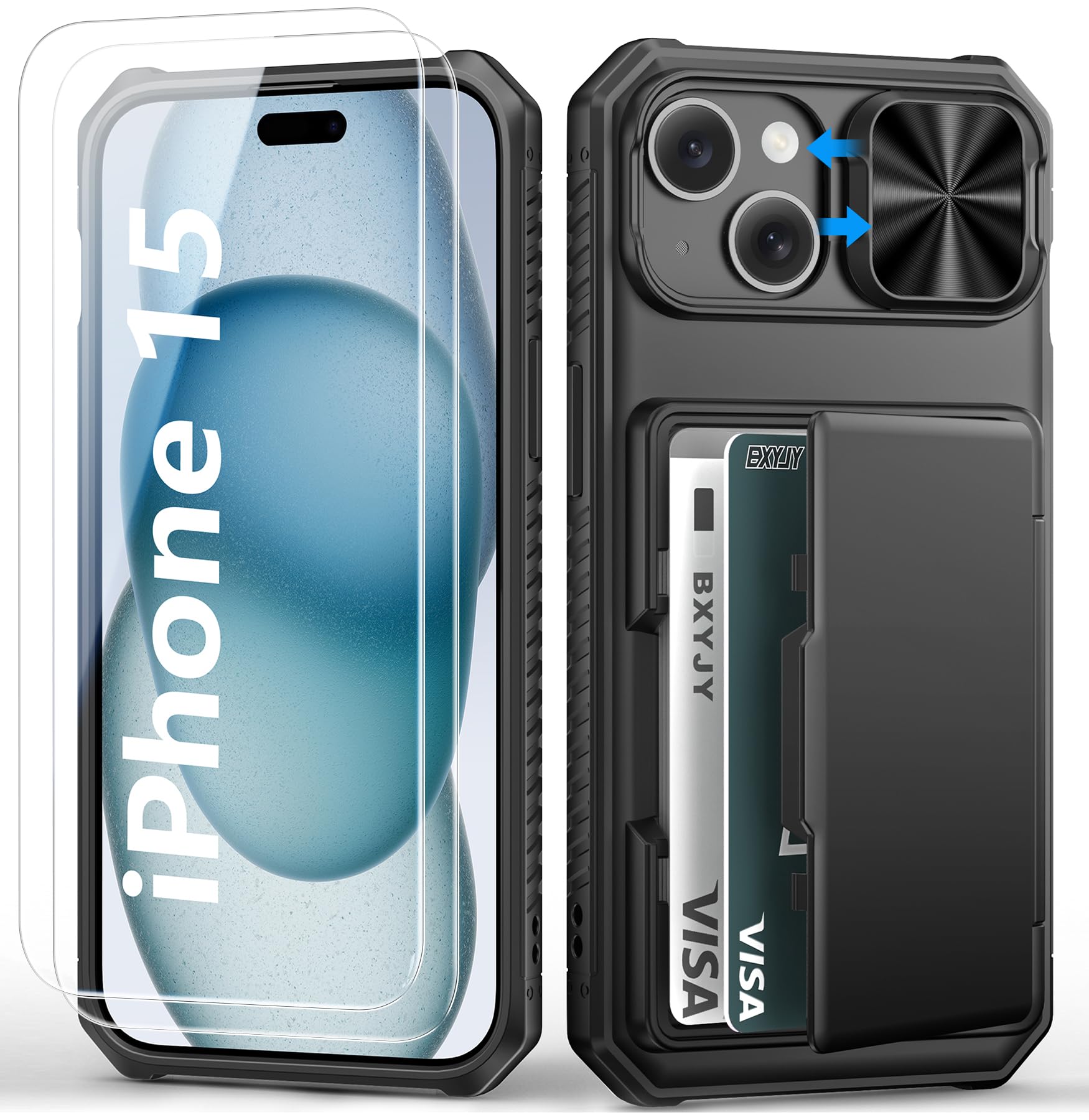 BXYJY for iPhone 15, iPhone 14, iPhone 13 Wallet Case with Card Holder(4-5 Cards), Slide Camera Cover, Military Drop & RFID Protection, Heavy Duty Women Men Phone Case for iPhone 15/14/13, Black