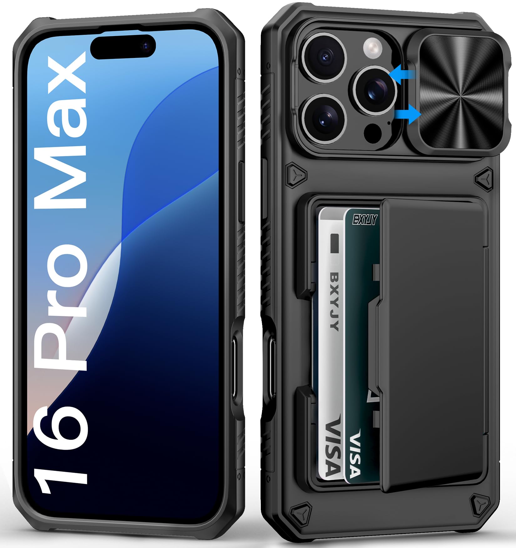 BXYJY for iPhone 15, iPhone 14, iPhone 13 Wallet Case with Card Holder(4-5 Cards), Slide Camera Cover, Military Drop & RFID Protection, Heavy Duty Women Men Phone Case for iPhone 15/14/13, Black