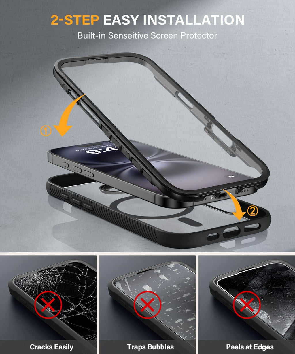 Magnetic for iPhone 15 Case with Built-in Sensitive Screen Protector, Full-Body Dual Front & Back Protective Phone Case [Compatible with MagSafe] Drop Proof 15 Cover 6.1 Inch, Black