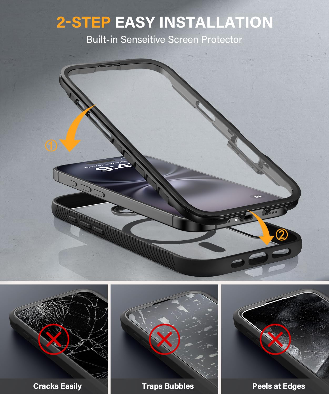 Magnetic for iPhone 15 Case with Built-in Sensitive Screen Protector, Full-Body Dual Front & Back Protective Phone Case [Compatible with MagSafe] Drop Proof 15 Cover 6.1 Inch, Black