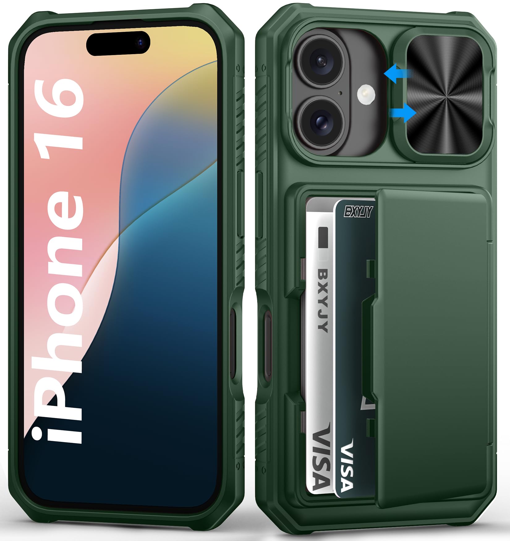 BXYJY for iPhone 15, iPhone 14, iPhone 13 Wallet Case with Card Holder(4-5 Cards), Slide Camera Cover, Military Drop & RFID Protection, Heavy Duty Women Men Phone Case for iPhone 15/14/13, Black