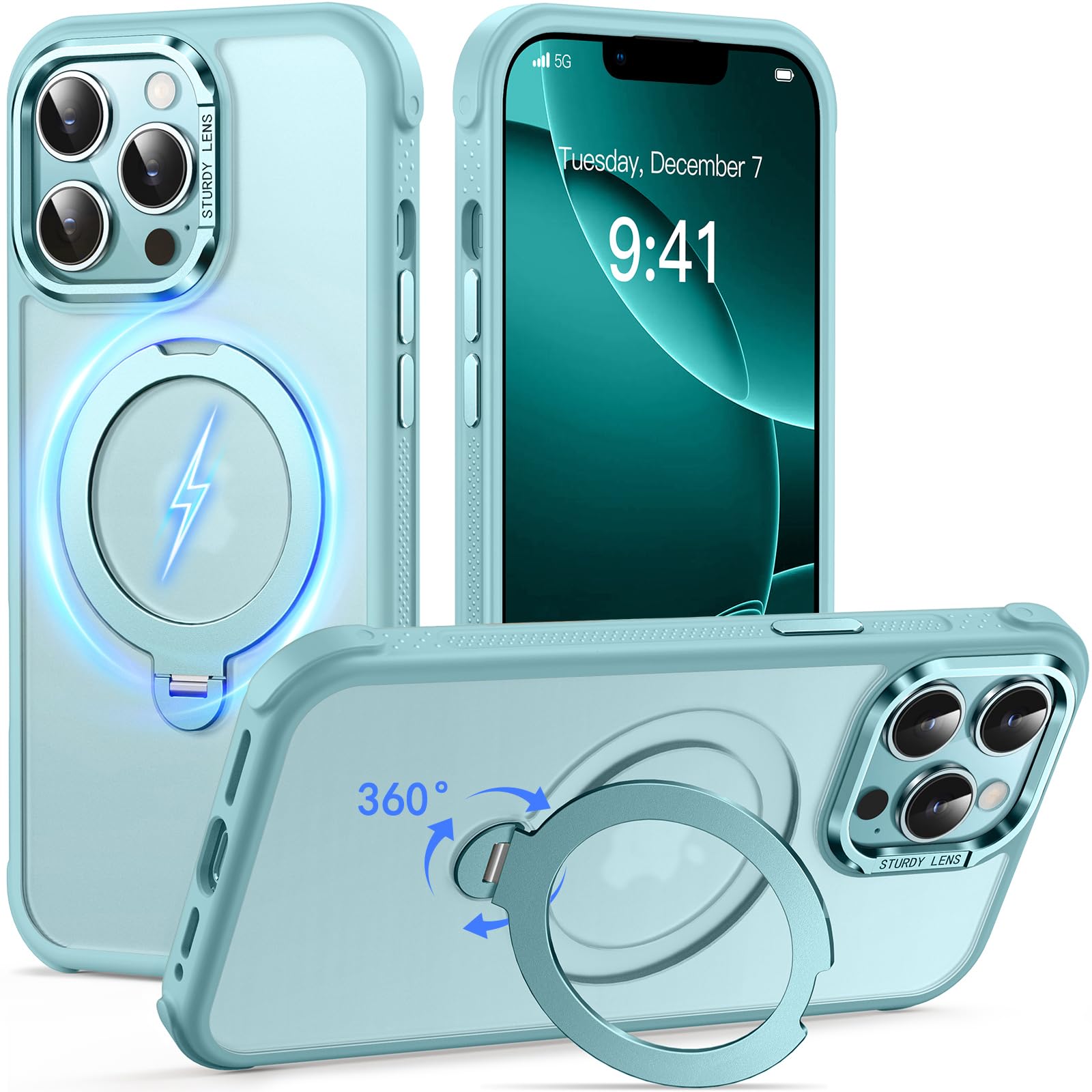Reukdnv [Invisible 360° Spin Stand Magnetic Ring for iPhone 16 Pro Case [Compatible with MagSafe][Translucent Matte Back] Military Drop Protection Shockproof Cover with Kickstand 6.3", Deep Blue