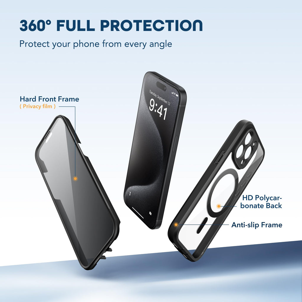 TIESZEN for iPhone 15 Case, Compatible with MagSafe, Built-in Privacy Screen Protector and Camera Protection, Anti Spy Full Body Dustproof Shockproof Hard Phone Case 6.1", Black