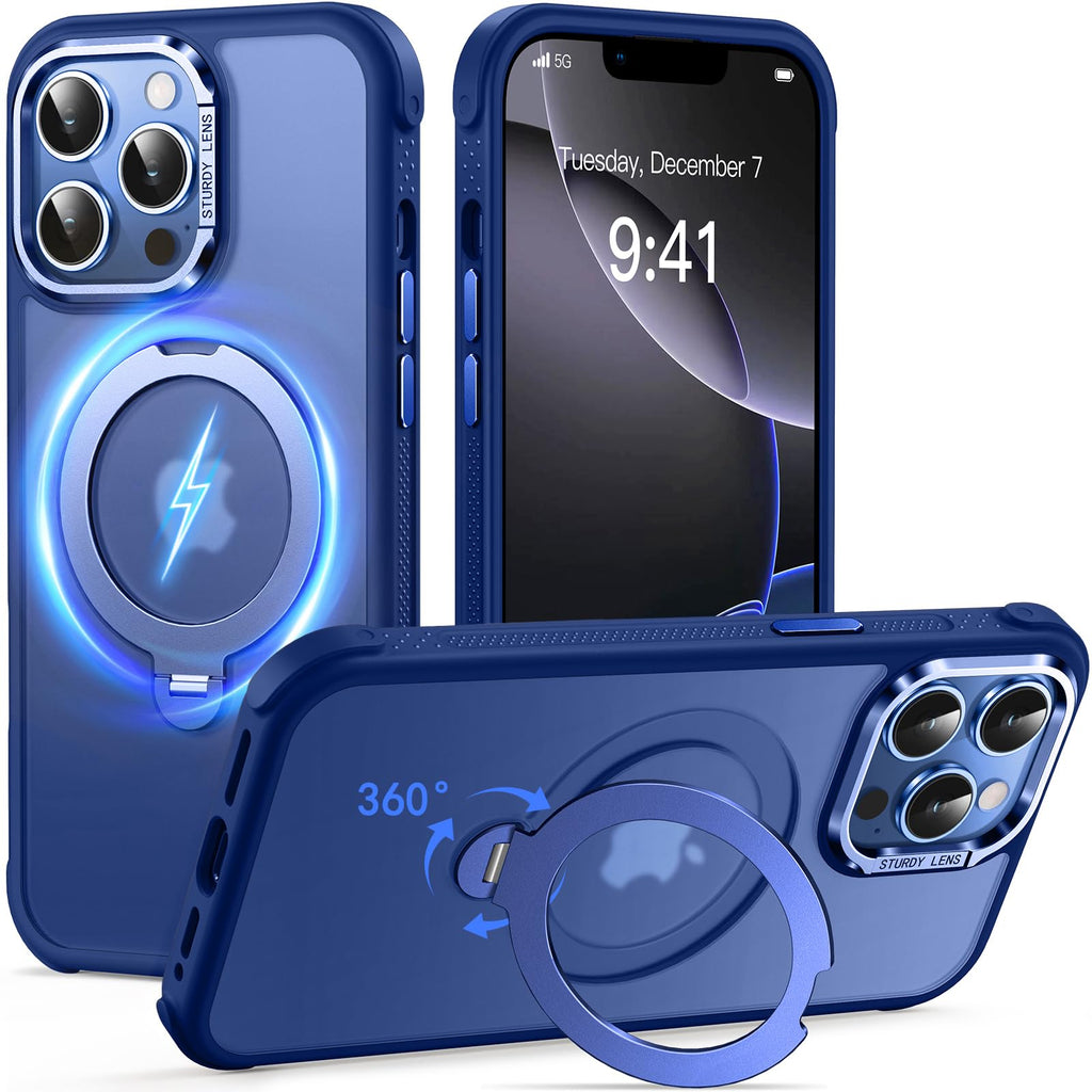 Reukdnv [Invisible 360° Spin Stand Magnetic Ring for iPhone 16 Pro Case [Compatible with MagSafe][Translucent Matte Back] Military Drop Protection Shockproof Cover with Kickstand 6.3", Deep Blue