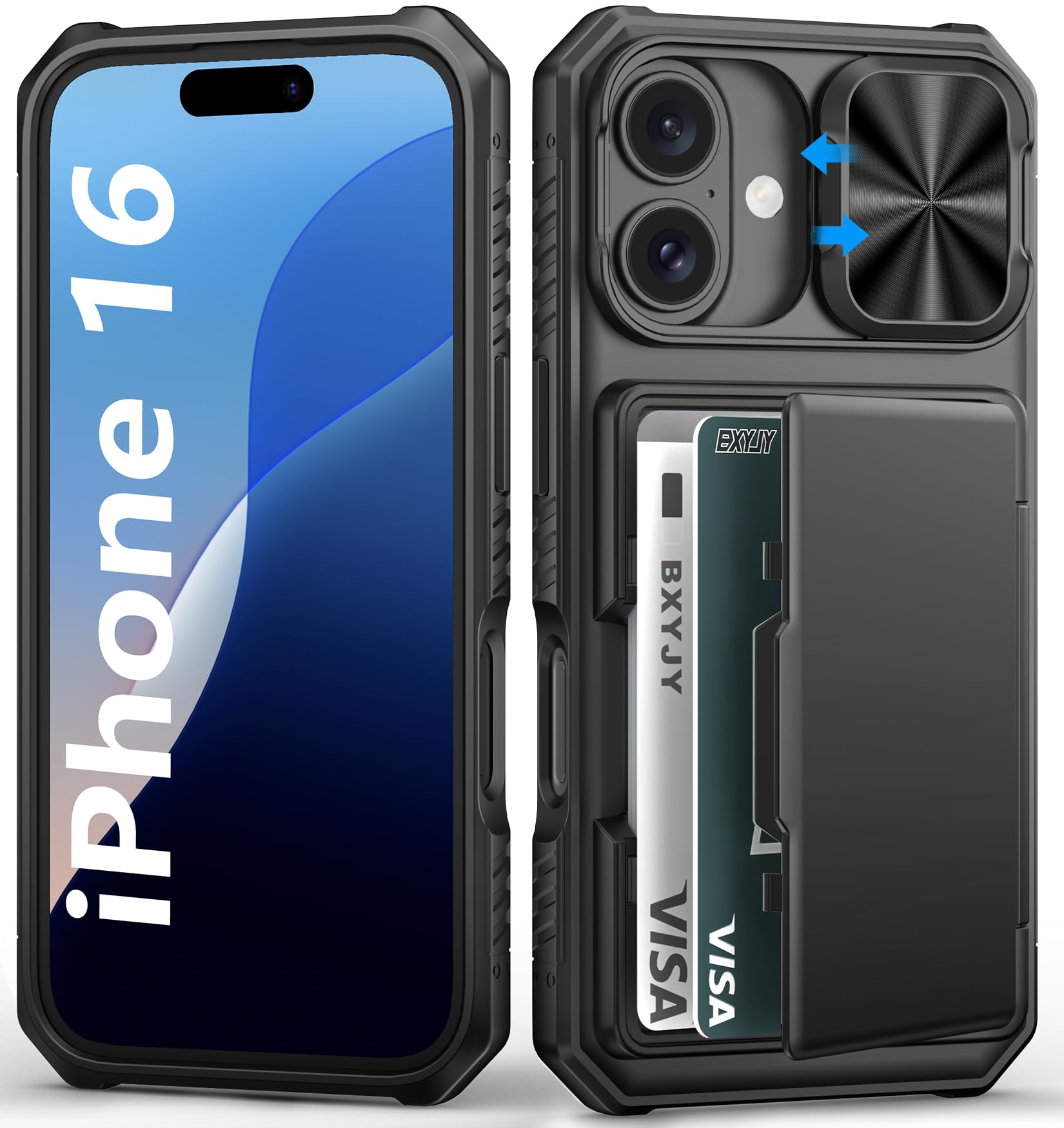BXYJY for iPhone 15, iPhone 14, iPhone 13 Wallet Case with Card Holder(4-5 Cards), Slide Camera Cover, Military Drop & RFID Protection, Heavy Duty Women Men Phone Case for iPhone 15/14/13, Black