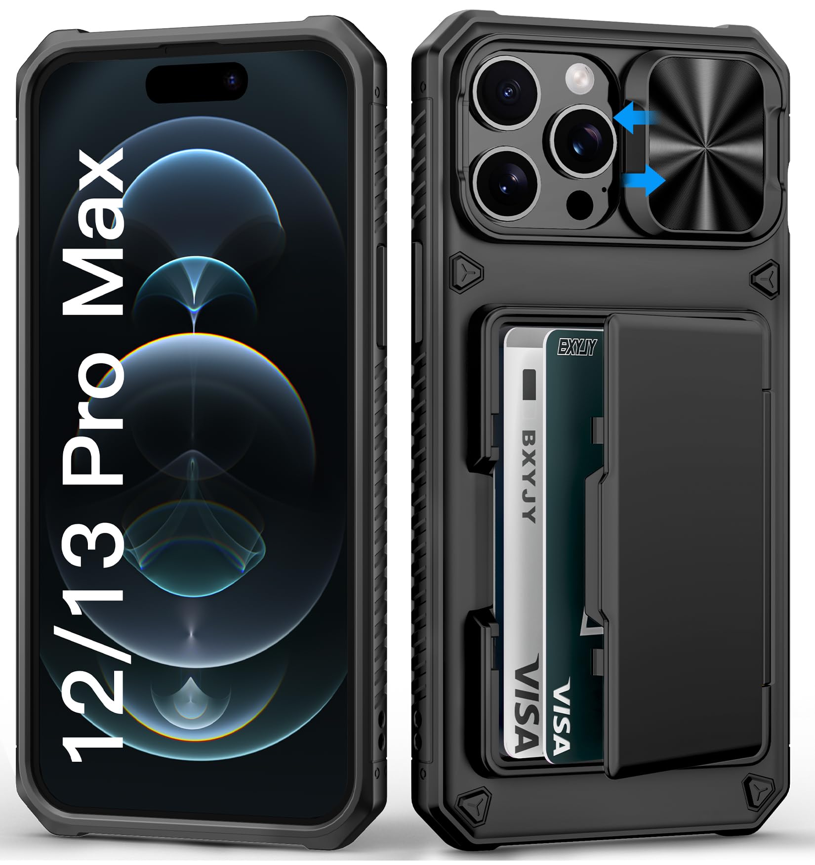 BXYJY for iPhone 15, iPhone 14, iPhone 13 Wallet Case with Card Holder(4-5 Cards), Slide Camera Cover, Military Drop & RFID Protection, Heavy Duty Women Men Phone Case for iPhone 15/14/13, Black