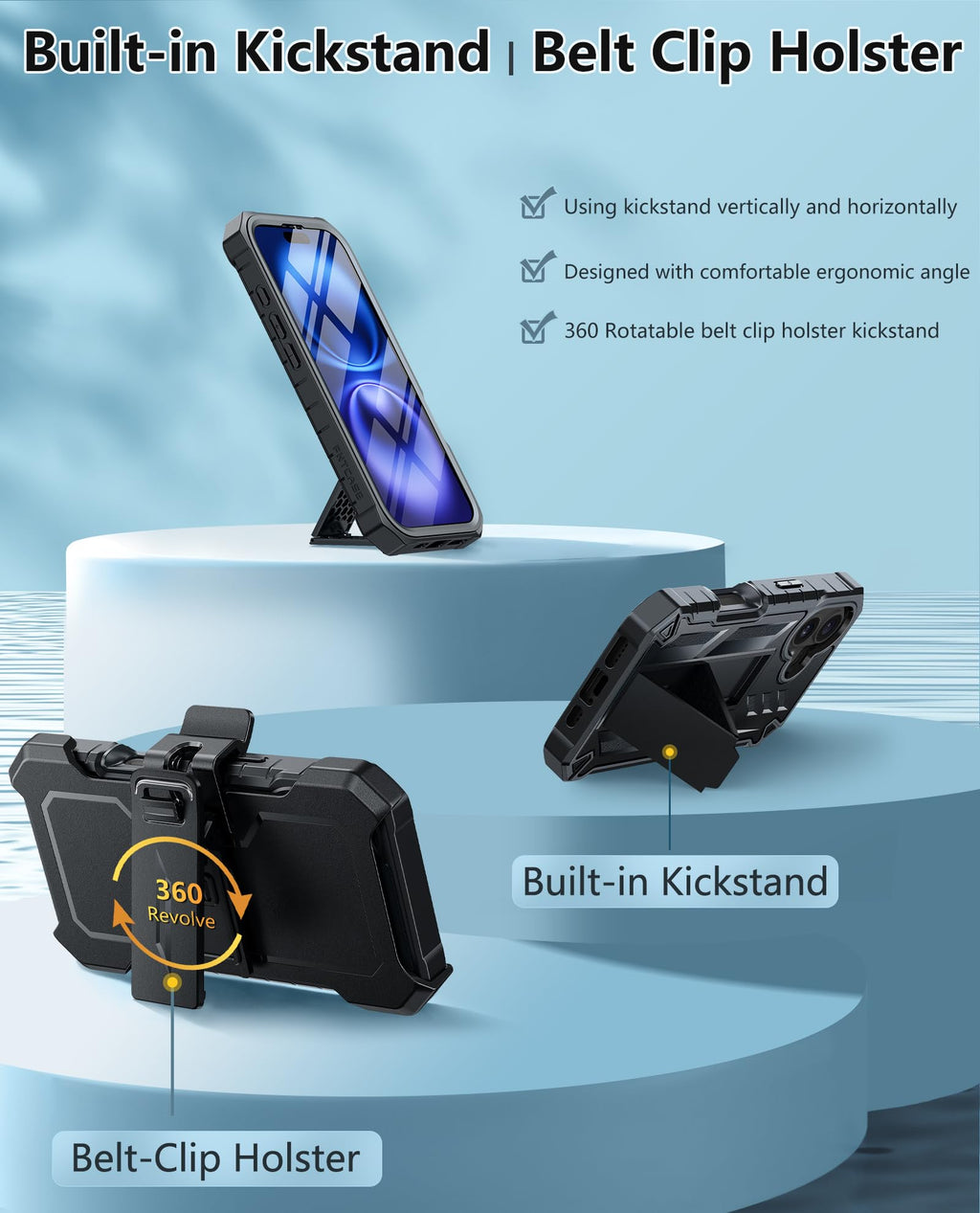 FNTCASE for iPhone 17e Phone Case: for iPhone 16e Case Military Grade Rugged Case with Kickstand & Holster | Shockproof TPU Protection Bumper Matte Textured Design | Heavy Duty Protector Black