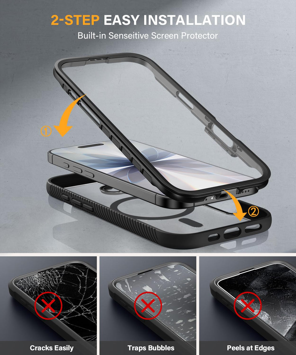 Magnetic for iPhone 15 Case with Built-in Sensitive Screen Protector, Full-Body Dual Front & Back Protective Phone Case [Compatible with MagSafe] Drop Proof 15 Cover 6.1 Inch, Black