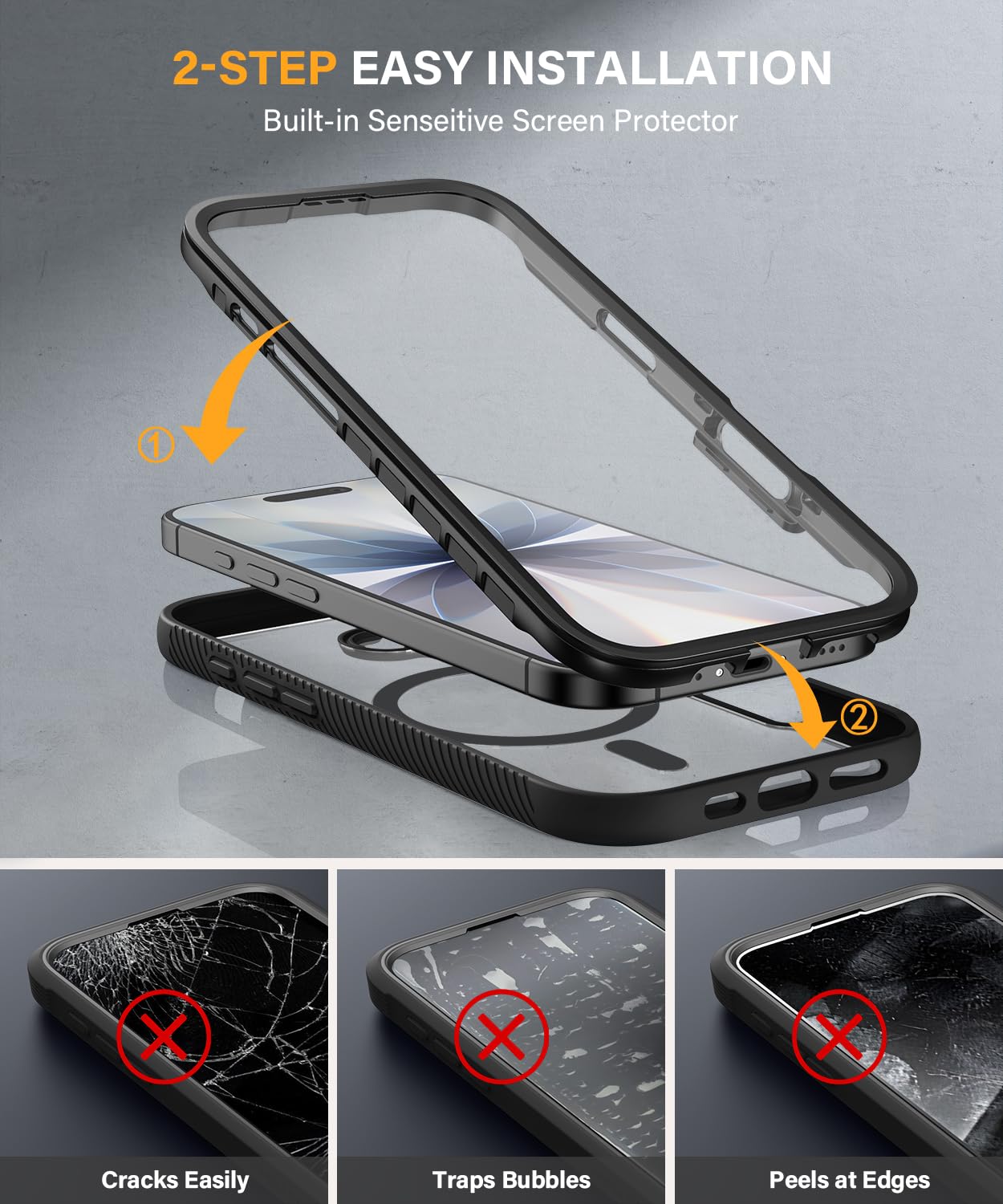 Magnetic for iPhone 15 Case with Built-in Sensitive Screen Protector, Full-Body Dual Front & Back Protective Phone Case [Compatible with MagSafe] Drop Proof 15 Cover 6.1 Inch, Black