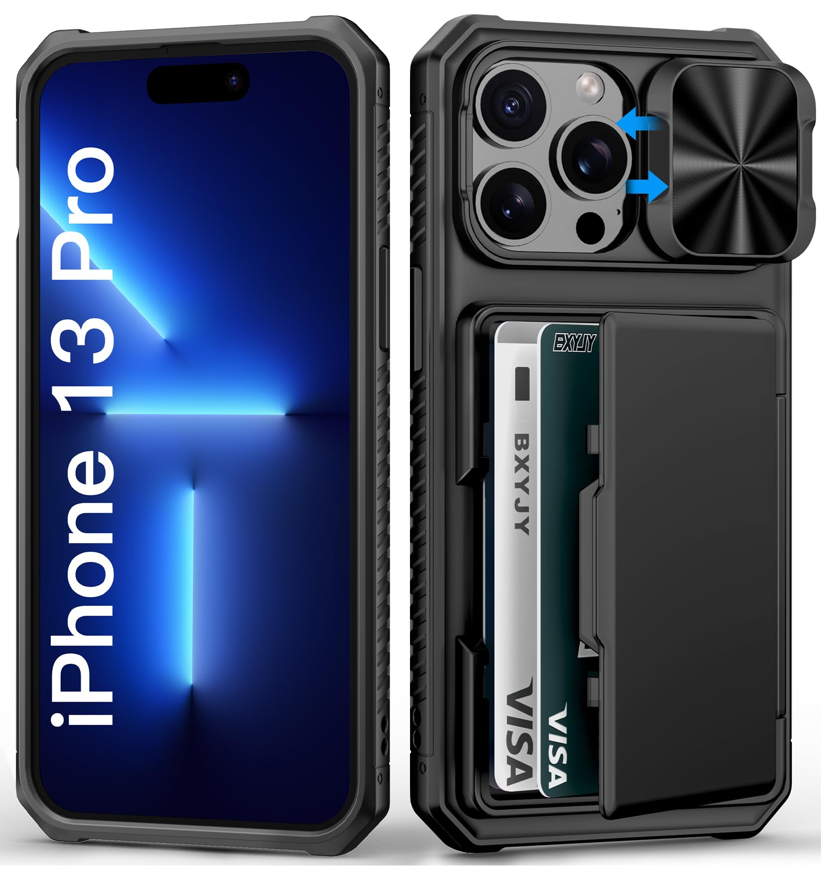 BXYJY for iPhone 15, iPhone 14, iPhone 13 Wallet Case with Card Holder(4-5 Cards), Slide Camera Cover, Military Drop & RFID Protection, Heavy Duty Women Men Phone Case for iPhone 15/14/13, Black