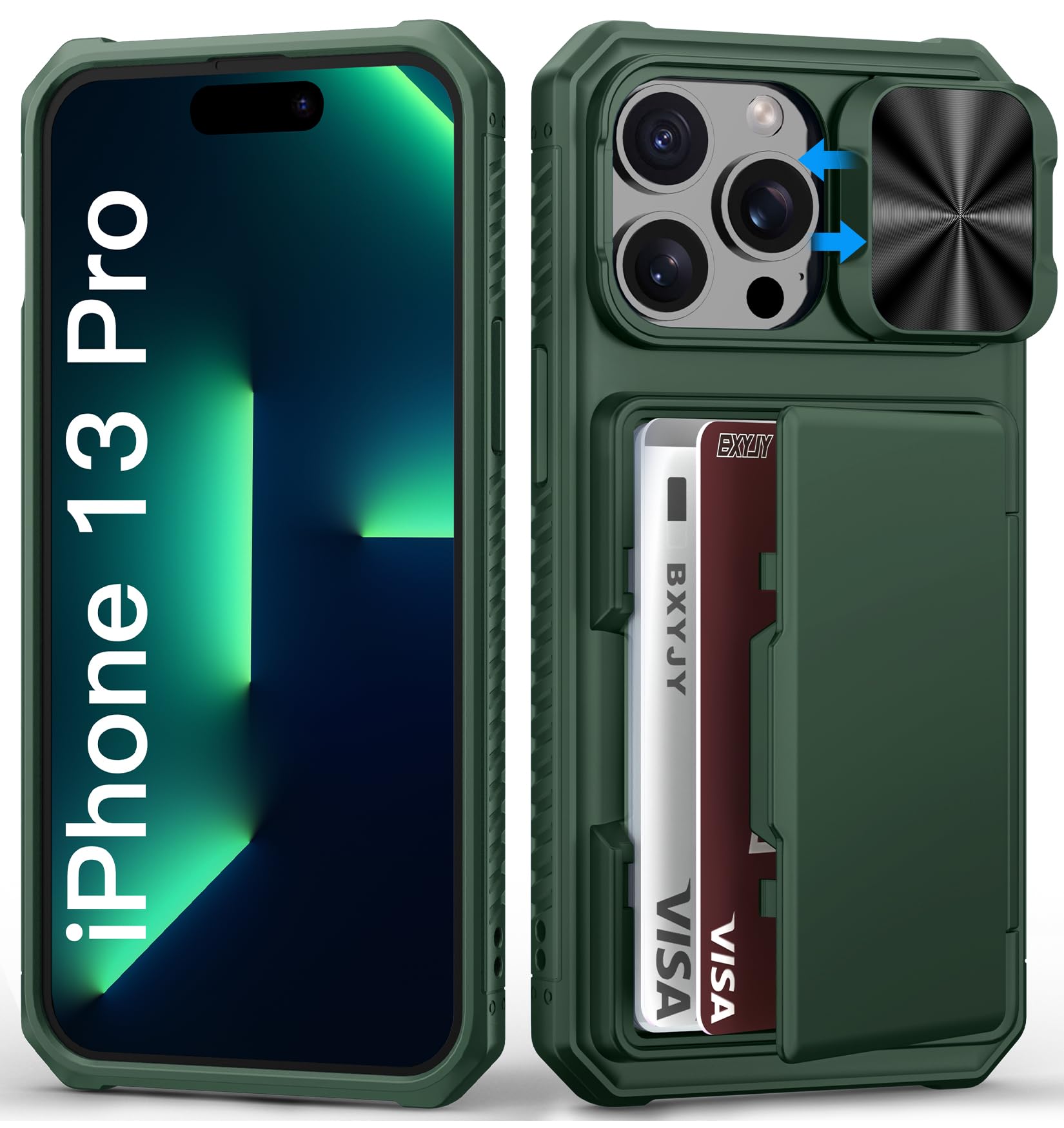 BXYJY for iPhone 15, iPhone 14, iPhone 13 Wallet Case with Card Holder(4-5 Cards), Slide Camera Cover, Military Drop & RFID Protection, Heavy Duty Women Men Phone Case for iPhone 15/14/13, Black