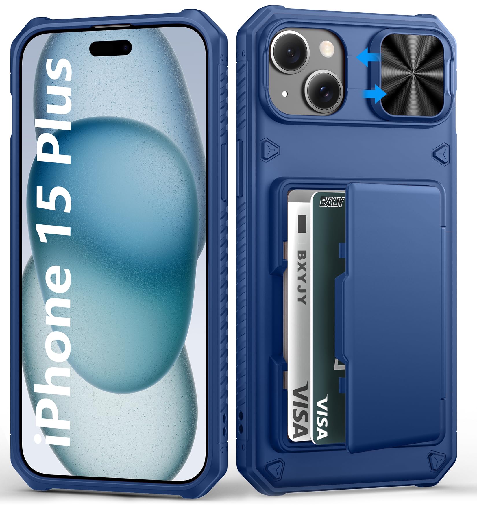 BXYJY for iPhone 15, iPhone 14, iPhone 13 Wallet Case with Card Holder(4-5 Cards), Slide Camera Cover, Military Drop & RFID Protection, Heavy Duty Women Men Phone Case for iPhone 15/14/13, Black