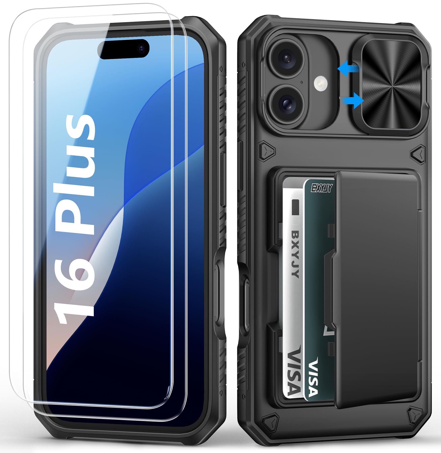 BXYJY for iPhone 15, iPhone 14, iPhone 13 Wallet Case with Card Holder(4-5 Cards), Slide Camera Cover, Military Drop & RFID Protection, Heavy Duty Women Men Phone Case for iPhone 15/14/13, Black