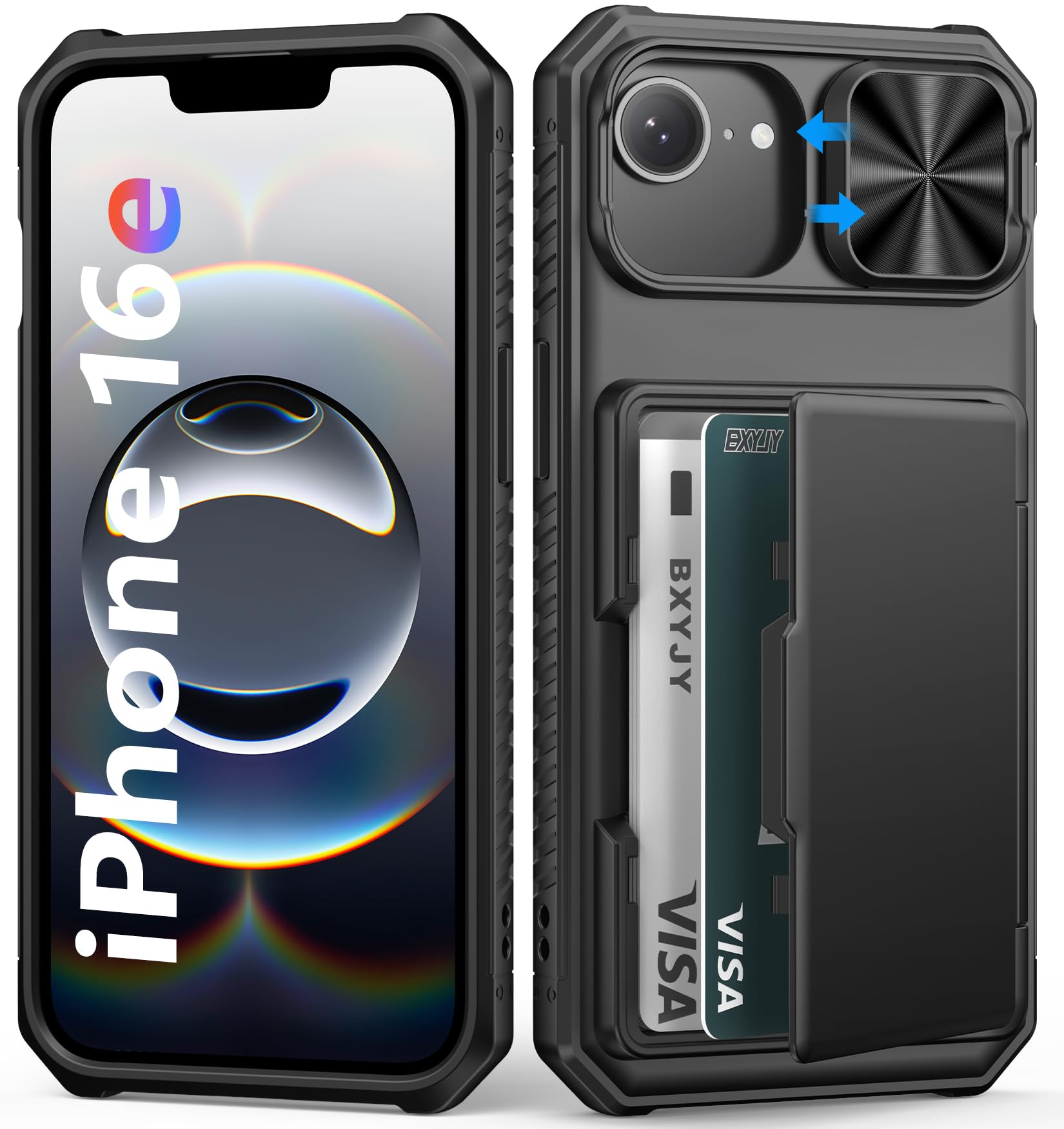 BXYJY for iPhone 15, iPhone 14, iPhone 13 Wallet Case with Card Holder(4-5 Cards), Slide Camera Cover, Military Drop & RFID Protection, Heavy Duty Women Men Phone Case for iPhone 15/14/13, Black
